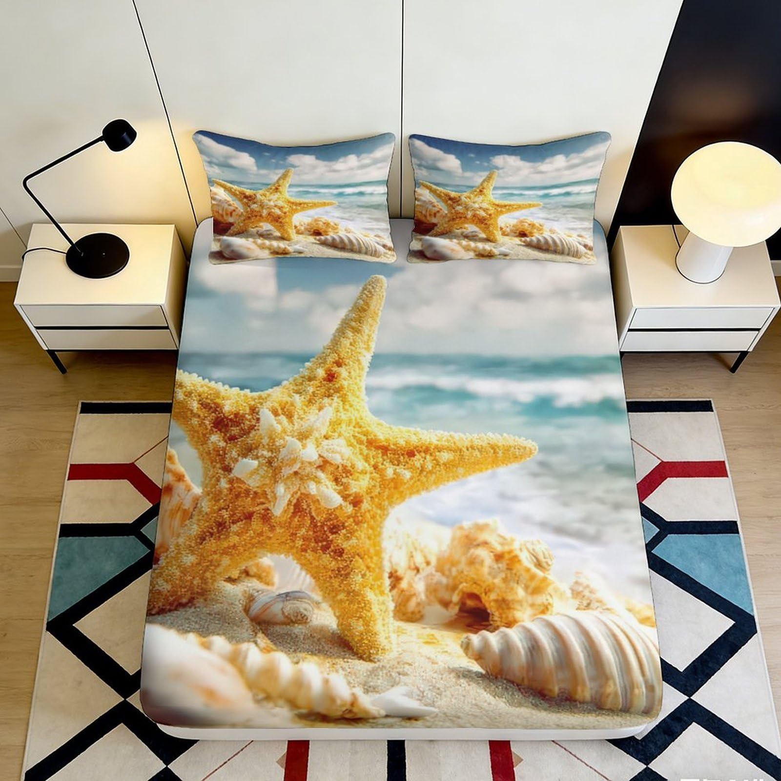 3D Printed Starfish Shell Fitted Sheet Microfiber Deep Pocket Bedding Ocean Mattress Fitted Cover Non-Slip Washable for Home 200x200x25cm