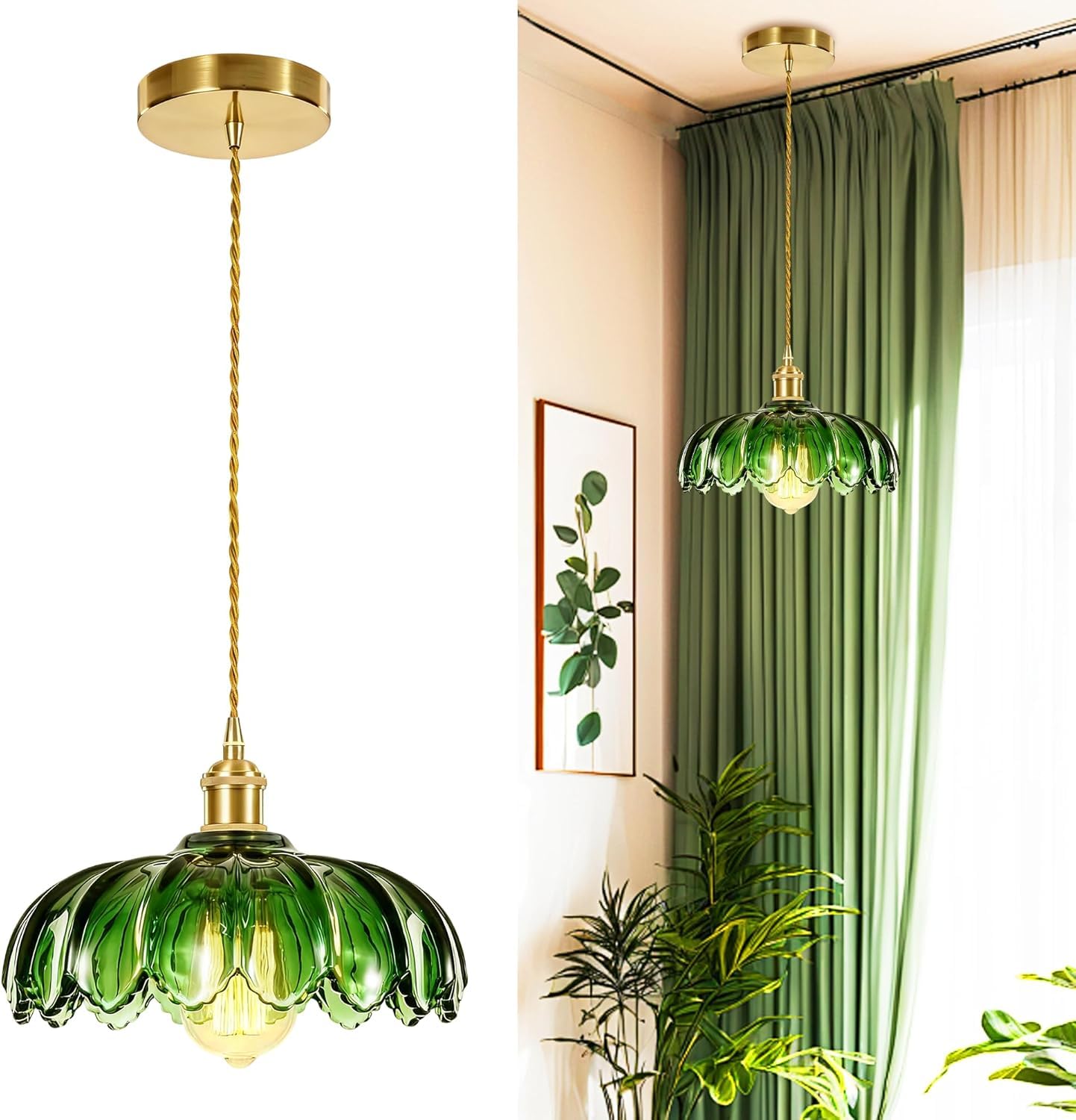 Bravsekai Green Glass Pendant Light, Hanging Ceiling Lights with 1.5m Adjustable Cord, Vintage Pendant Lights for Kitchen Island Bedroom Hallway Study Room Coffee Bar(24cm, 1-Pack) — image 1