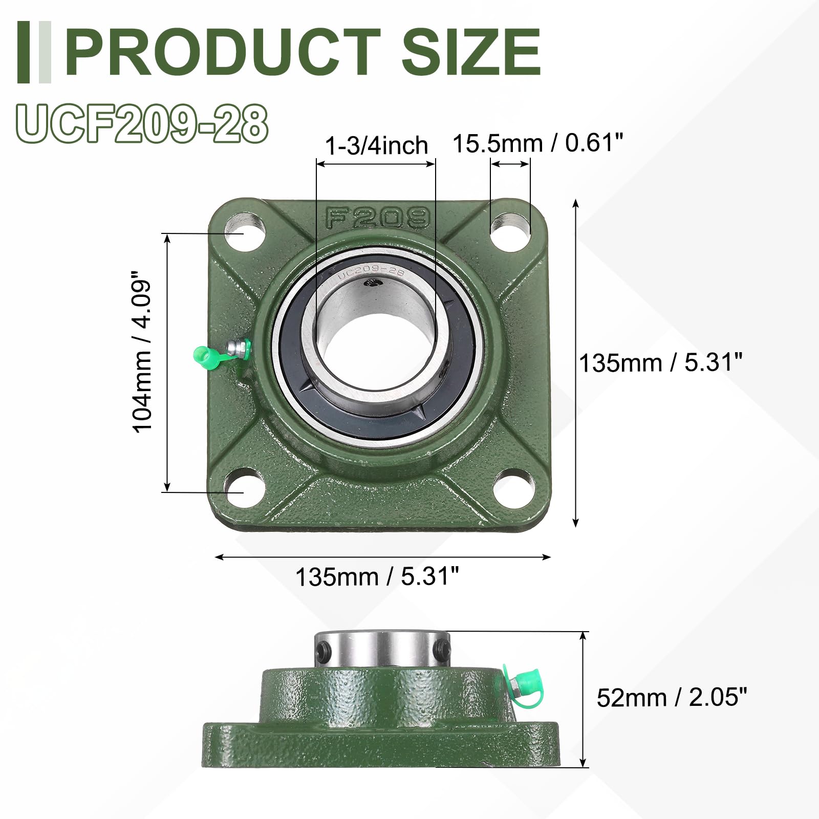 uxcell UCF209-28 Cuscinetti a blocchetto di cuscino, autoallineamento da 1-3/4", base in ghisa solida, flangia quadrata in acciaio cromato, cuscinetto a sfera a blocchetto di cuscino montato (ABEC3)