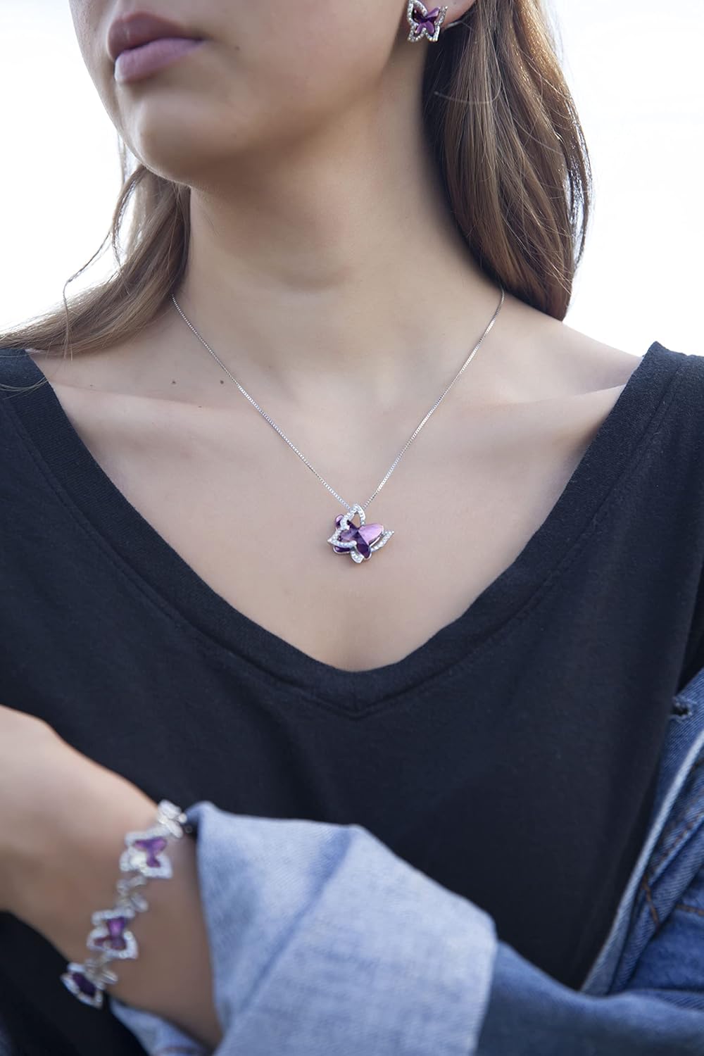 Valentine's Day Gift For Women Butterfly Link Charm Bracelet with Premium Birthstone Crystal, Silver-Tone, 7”+2” Chain - Image 4