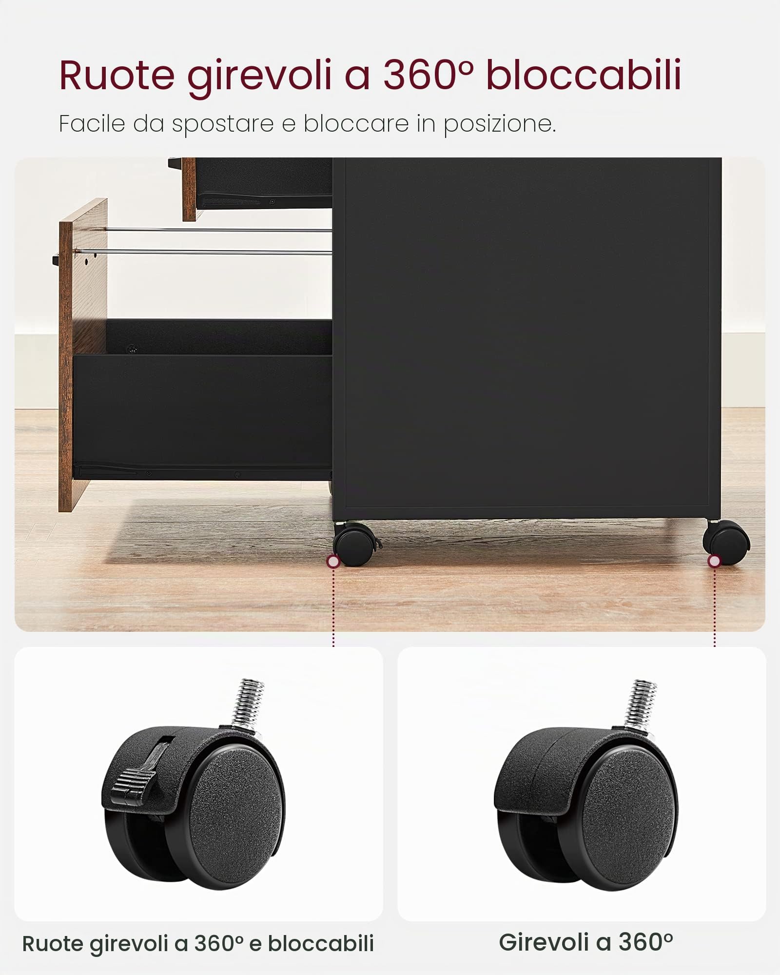 VASAGLE Schedario con 2 Cassetti, Mobile per Ufficio con Ruote, Ripiano Aperto, Struttura in Acciaio, Stile Industriale, Marrone Vintage e Nero Inchiostro OFC71X