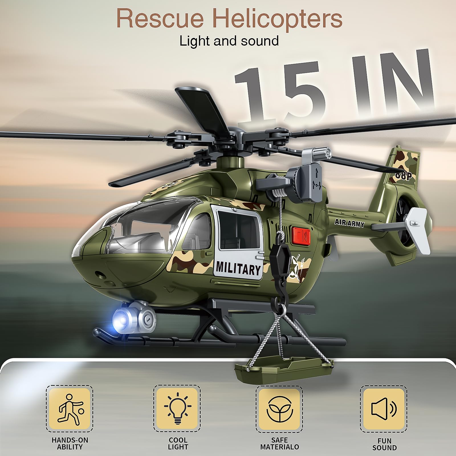 Grünes Militärspielzeug mit großem Hubschrauber, Lichtern und Geräuschen, Geschenk für 3-6 Jahre Jungen und Mädchen