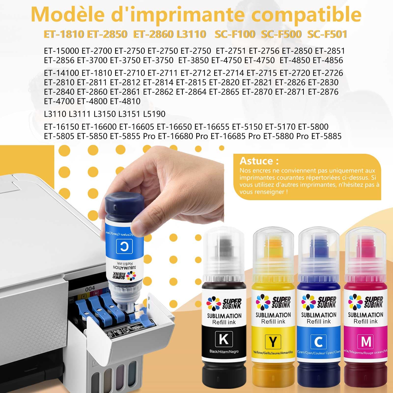 Encre de Sublimation pour Epson 2810 ET-2850 2830 2815 4810 Compatible EPSON ECOTANK imprimante (Remplissage Automatique/sans ICC/Anti-UV)