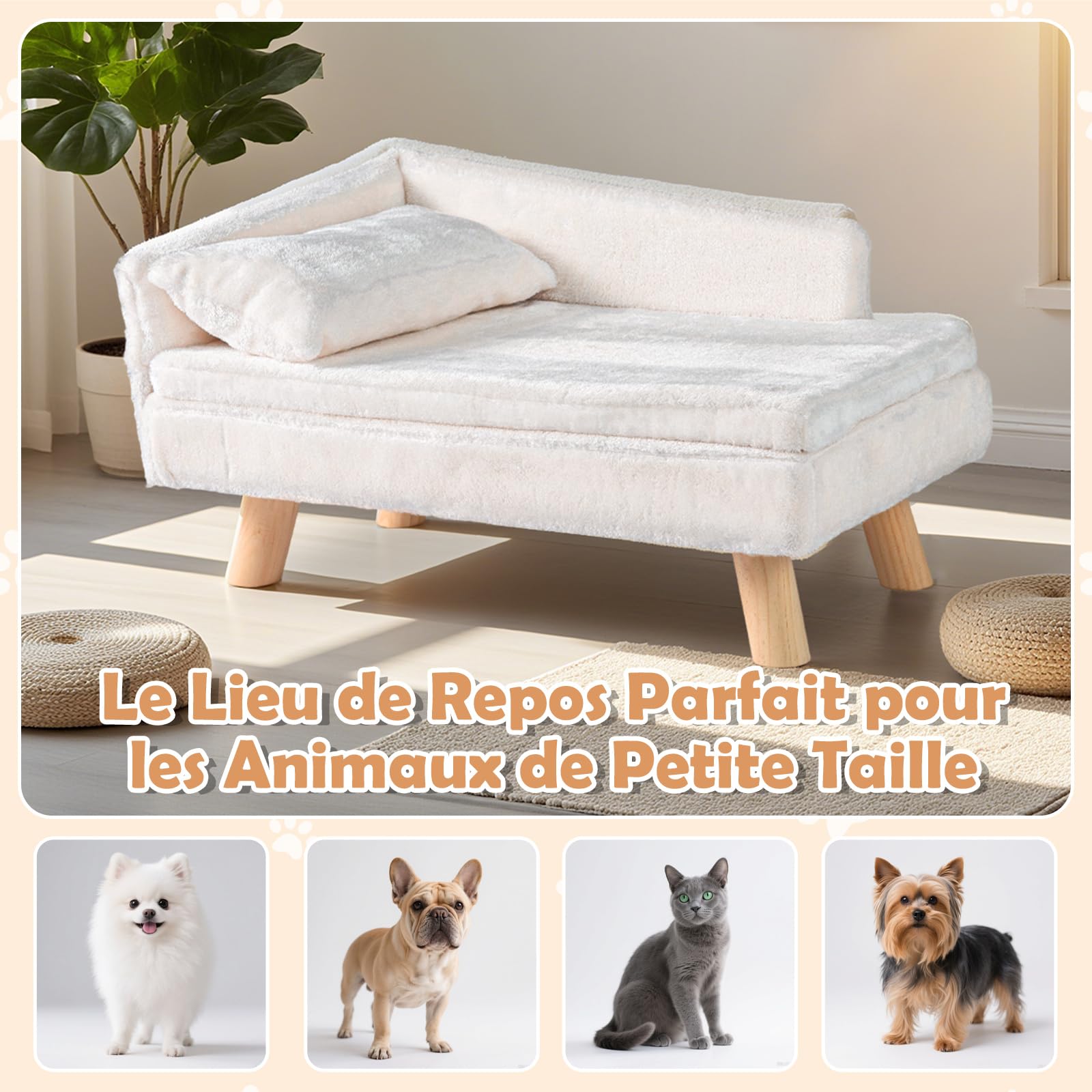 COSTWAY Canapé Lit pour Chien Chat Charge 30/50 kg, Oreiller et Coussin Amovibles, 4 Pieds en Bois, Panier pour Chien Chat Moyens & Petits, Dossier Haut (Beige,71 x 43 x 40 cm)