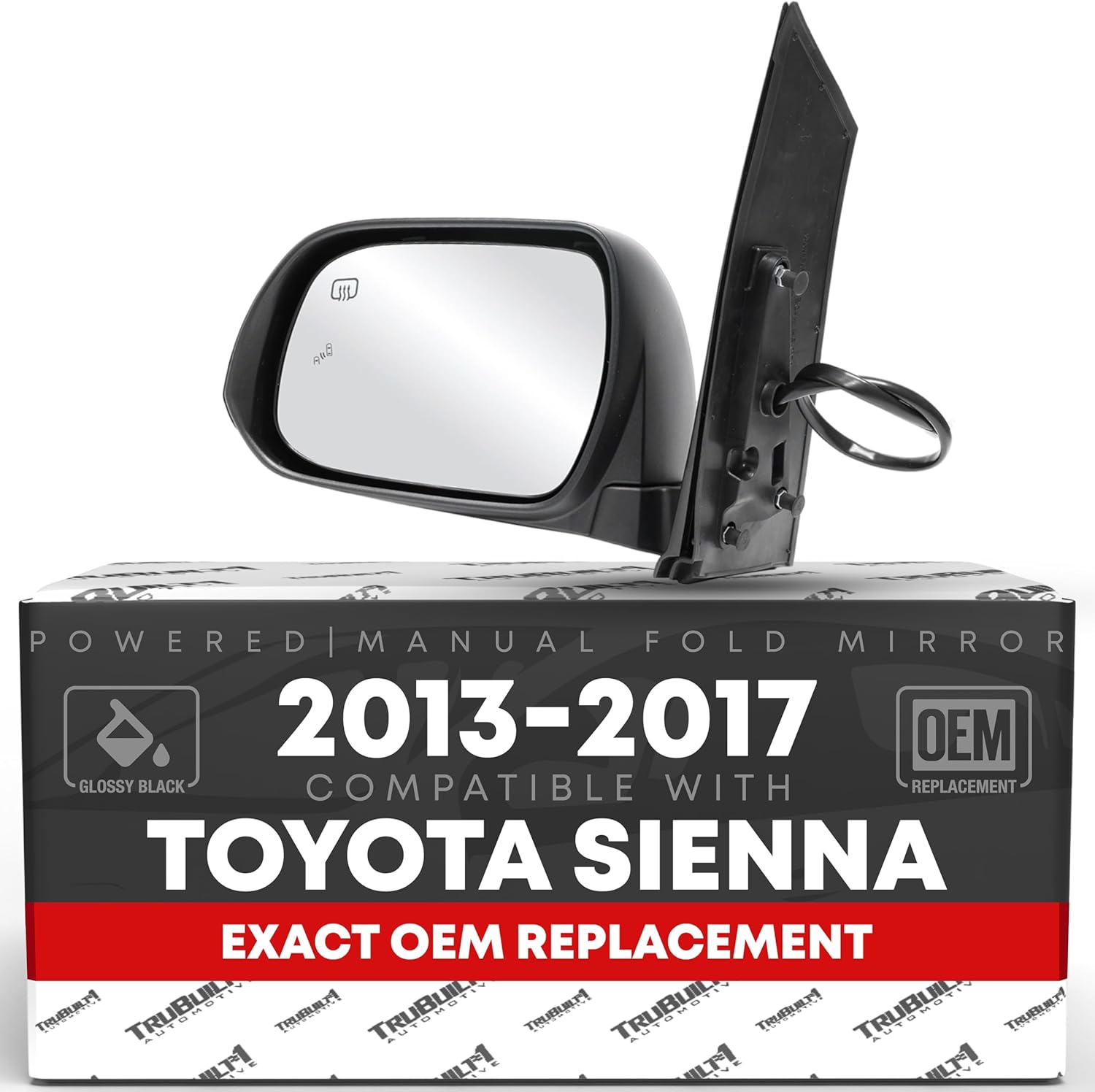 Driver Side Mirror Replacement - Compatible with 2013-2017 Toyota Sienna - Powered Adjustment, Heated, Manual Fold, Flat Glass - Smooth Black, 6H6P - OEM 87940-08113, TO1320301