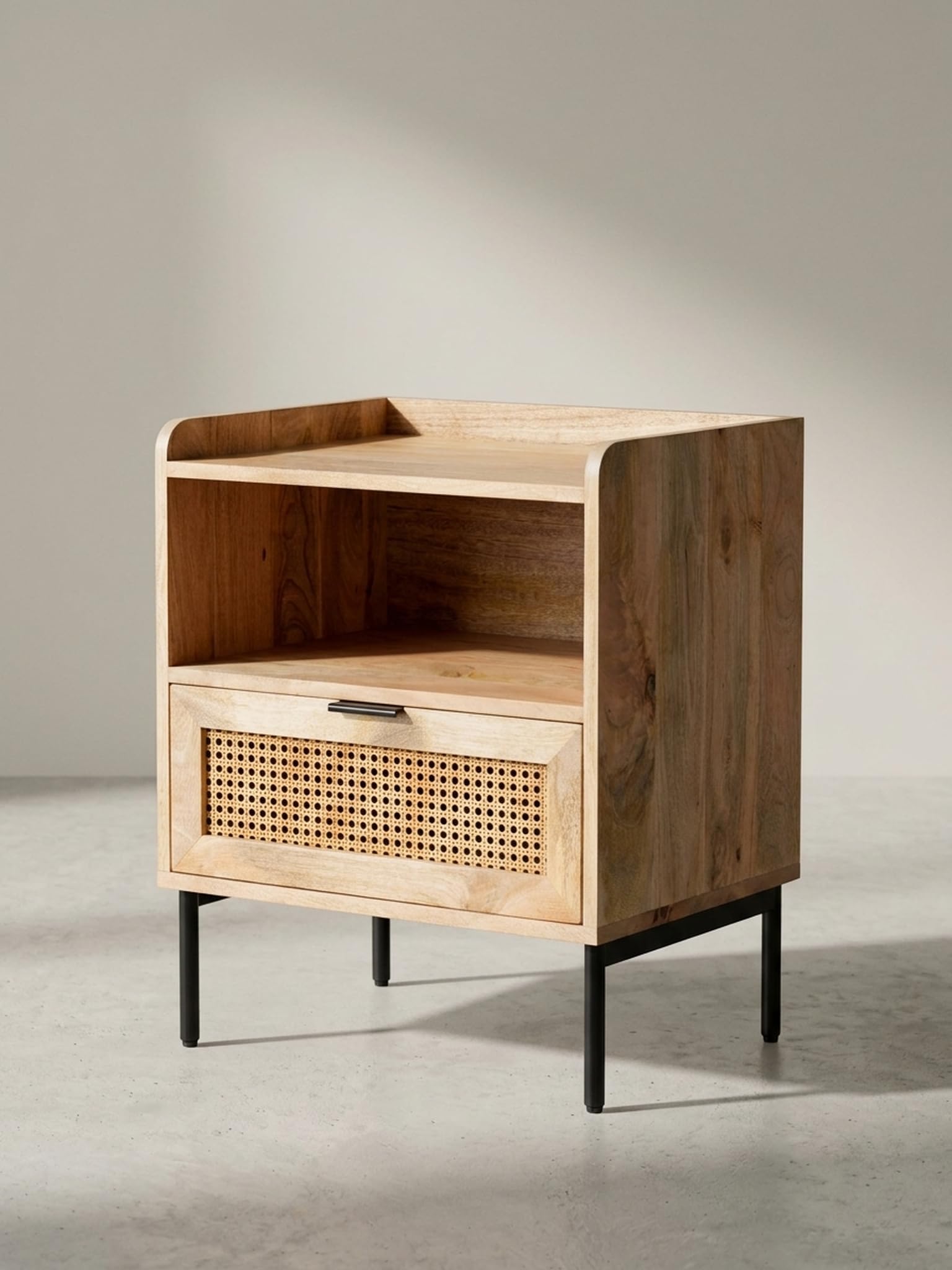 Consolle da notte Mango in legno massello/rattan, 50 x 60 x 40 cm, comodino marrone, comodino con cassetto intrecciato viennese, comodino con vano portaoggetti e