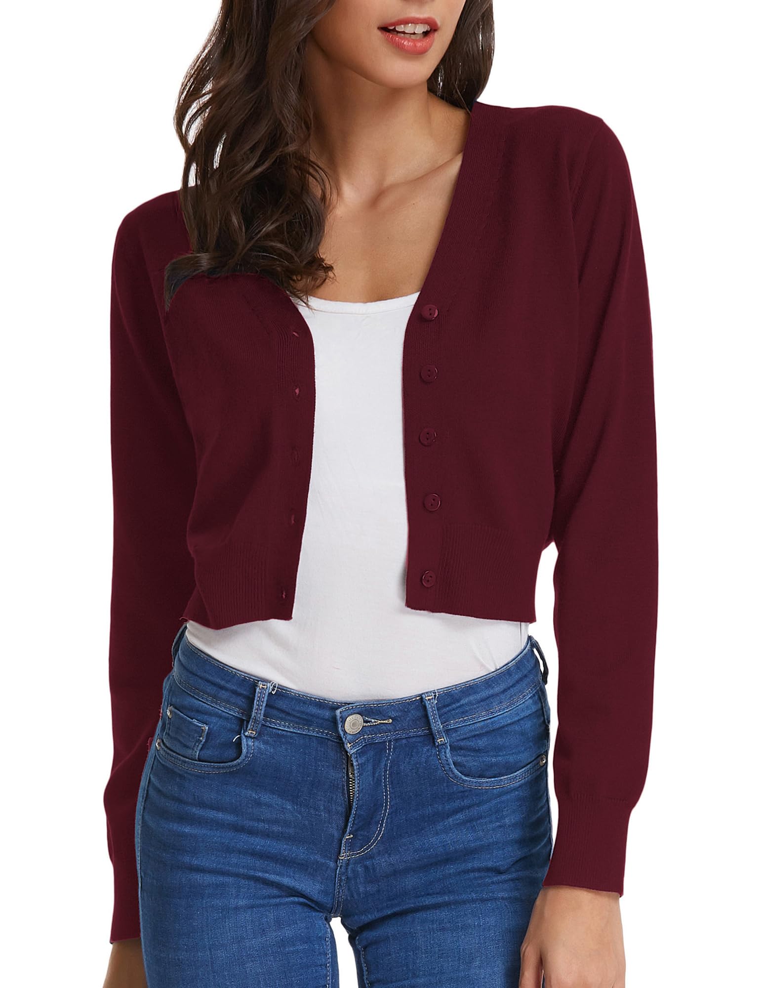 GRACE KARIN Long Sleeve Cropped Cardigan Sweaters for Women Lightweight Button Down V-Neck Open Front Bolero Shrug Jacket