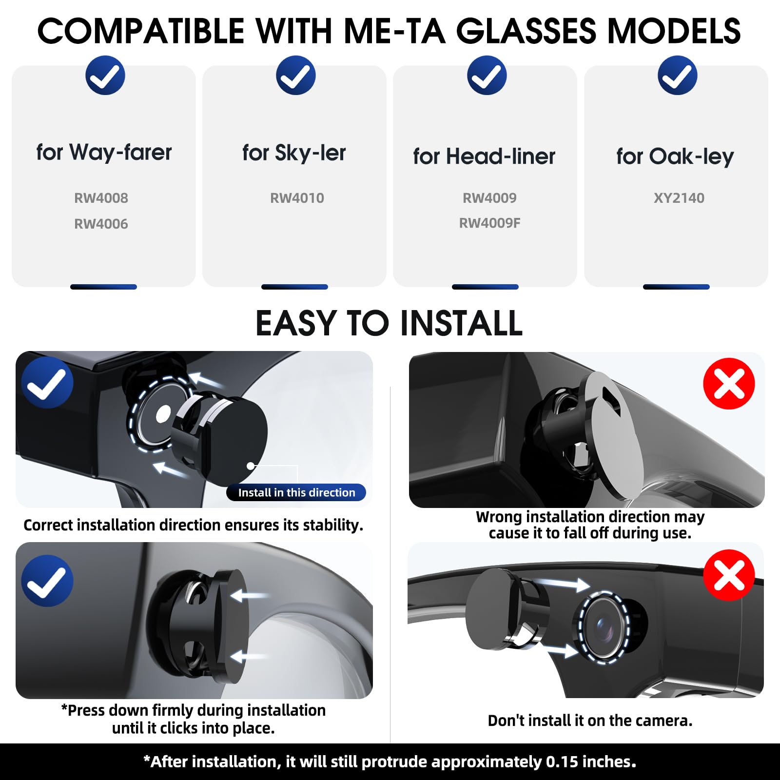 4 confezioni di coperture LED anti-luce per occhiali Ray-Ban Meta Wayfarer/Skyler/Headliner Gen2/Oakley Meta HSTN Accessori per occhiali intelligenti Regolabile Copertura LED per occhiali Meta facile