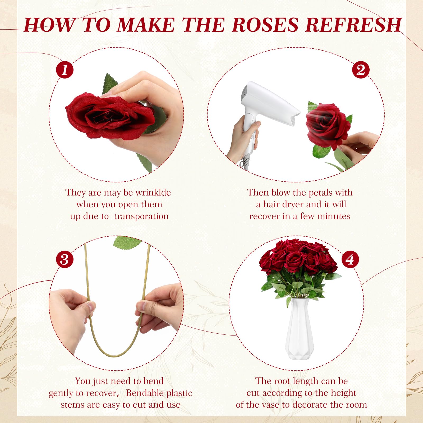 Tigeen 150 rose artificiali sfuse, rose in seta finta, realistiche, a stelo lungo, bouquet di fiori per matrimoni, centrotavola, composizioni floreali, decorazione per la casa e la cucina (rosso