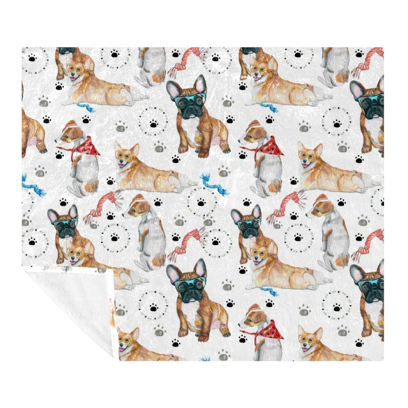 Couverture polaire Corgi en microfibre de 150x130 cm pour adultes et enfants