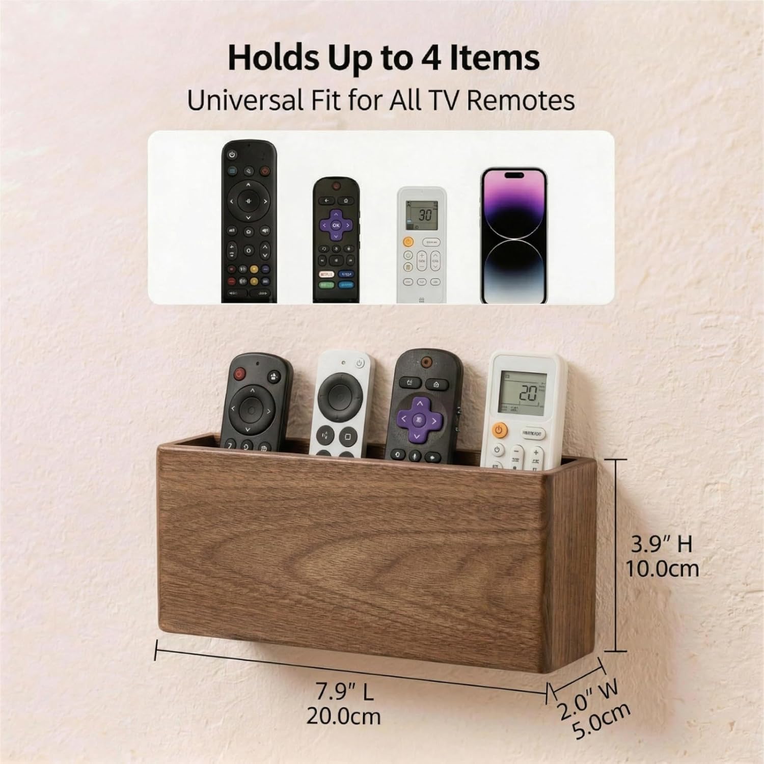 Wall Mount Remote Control Holder, Dark Walnut Wood TV Remote Organizer & Phone Caddy, No-Drill Space-Saving Wall Storage for Living Room, Office, Bedroom and Bedside
