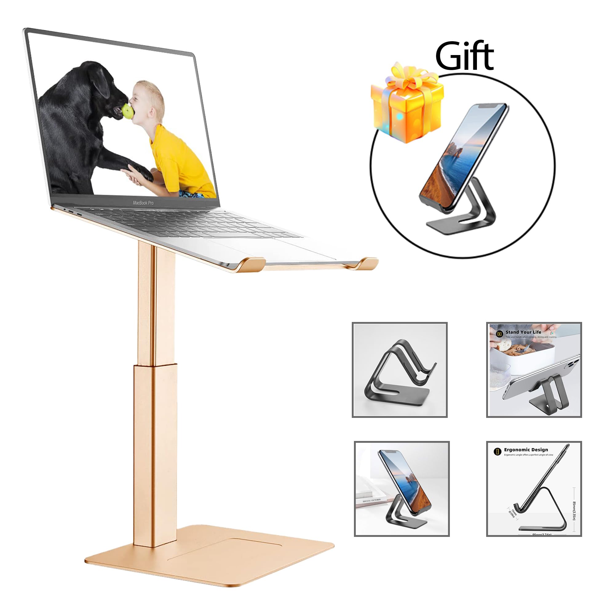 Supporto per scrivania ergonomico per laptop da 11 a 17 pollici, supporto per computer portatile DJ, altezza regolabile da 7 a 15 pollici, alluminio (oro)