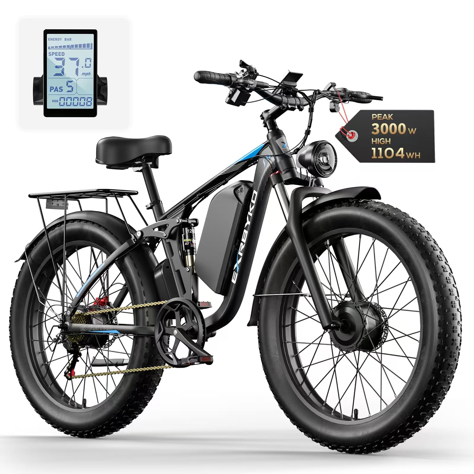 Electric Bike for Adults, 3000W Peak Dual Motors E Bikes for Men, 23AH 1104WH Battery, 37/43MPH Fastest E-Bike, 26” Fat Tire, Full Suspension, Dual Hydraulic Disc Brake, 100 Miles Ebike
