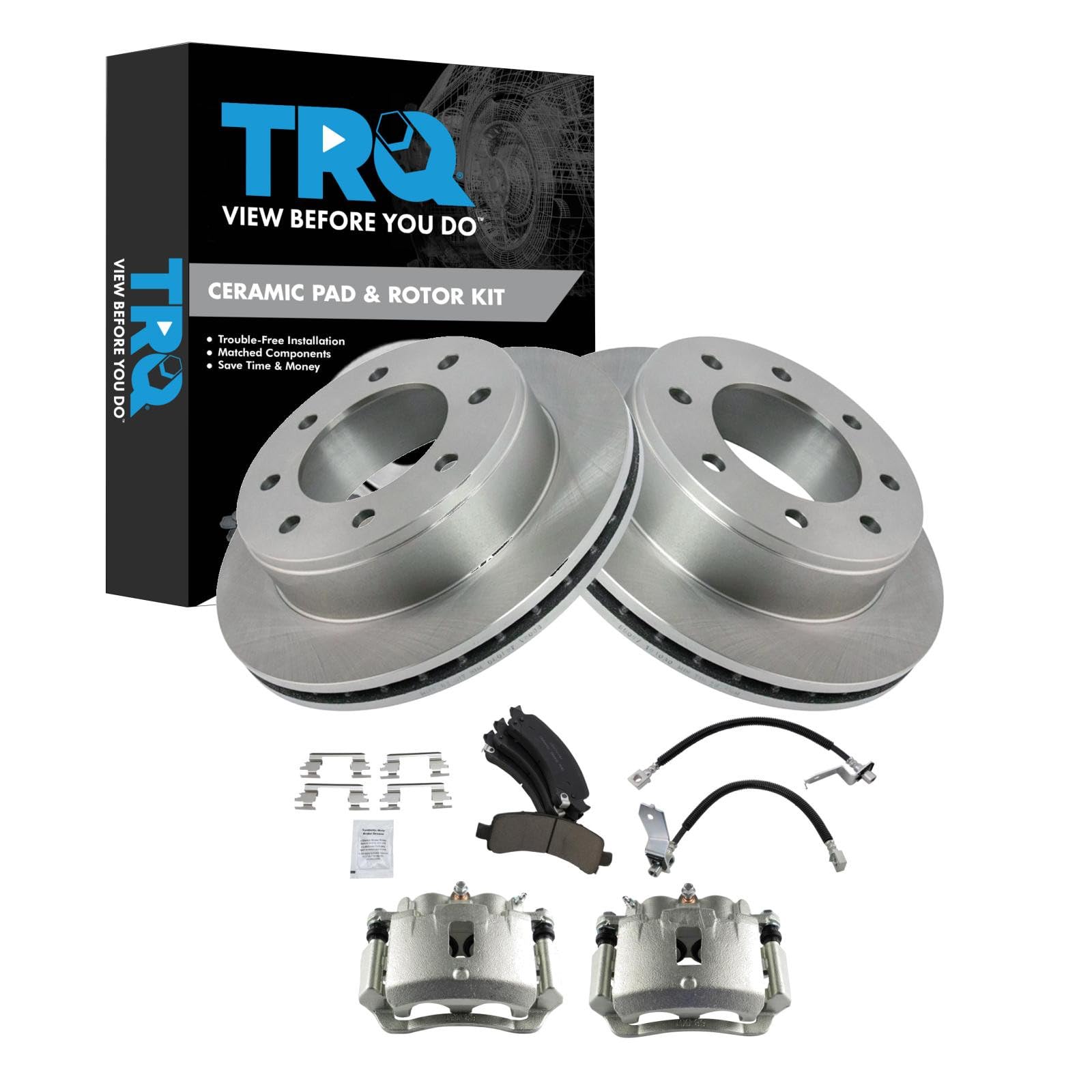 TRQ Rear Brake Pad &amp; Rotor Kit Ceramic Compatible with 2005-2013 Chevrolet Express 3500 2005-2012 GMC Savana 3500