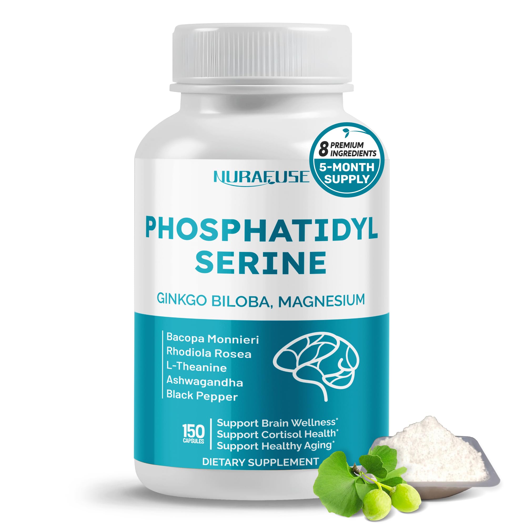 High Potency Phosphatidylserine with Ginkgo Biloba, Magnesium, L-Theanine, Ashwagandha & Black Pepper – Supports Brain Wellness, Cortisol Health & Healthy Aging* 150 count (pack of 1)