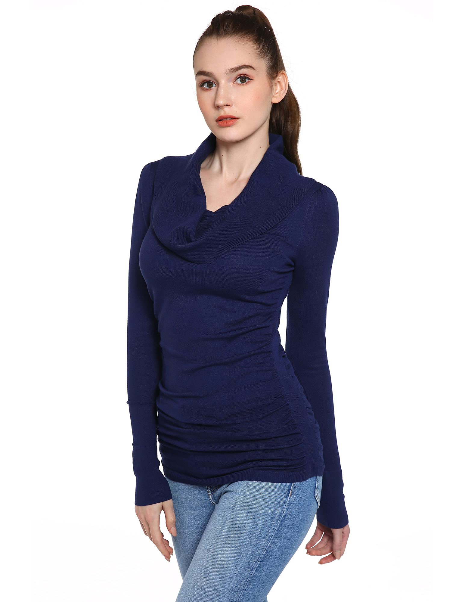 AmélieBoutikWomen Cowl Neck Long Sleeve Ruched Sides Pullover Tunic Jumper