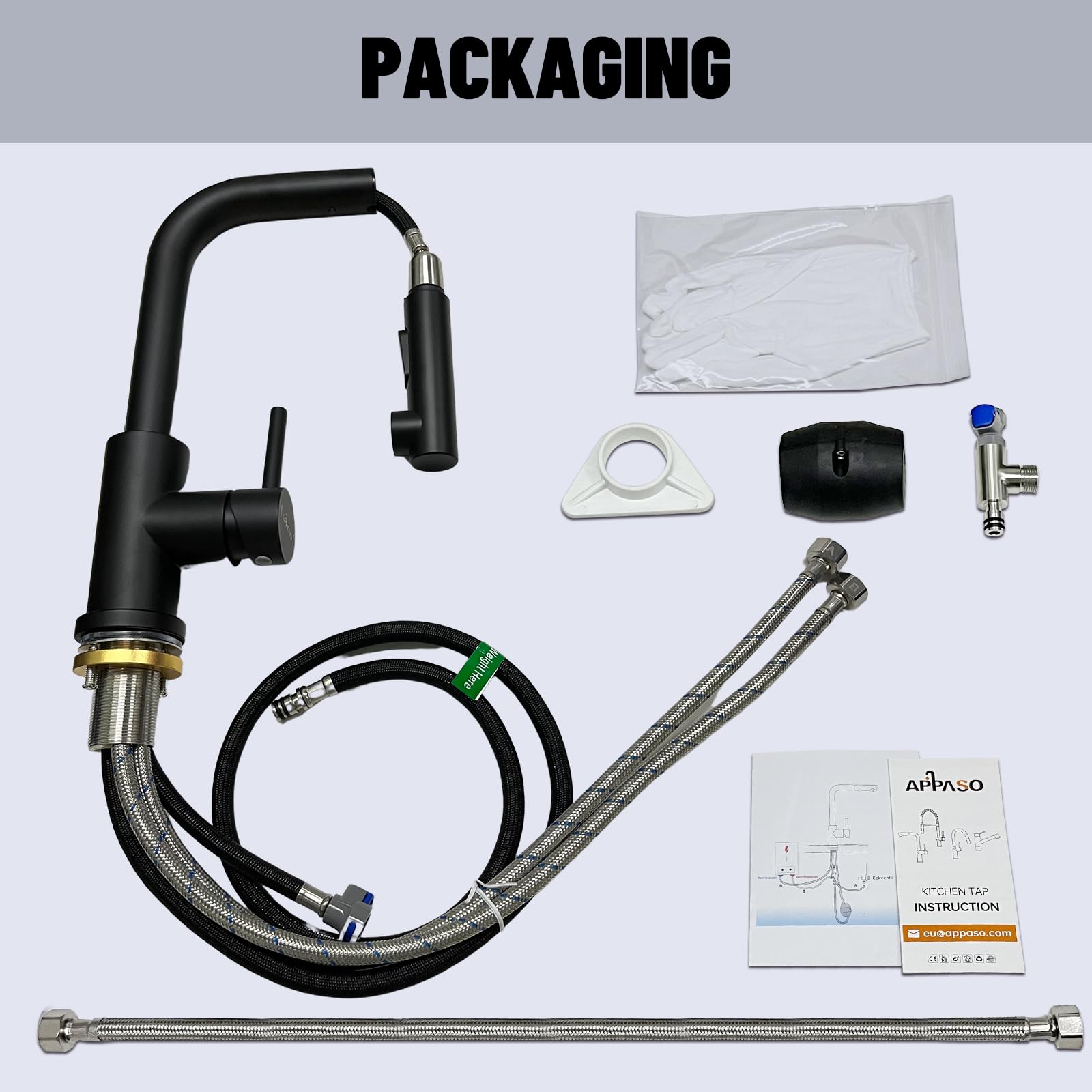 APPASO Niederdruck Armatur Küche Schwarz, Wasserhahn Küche 3 Anschlüsse, Niederdruck Küchenarmatur, Spültischarmatur Niederdruck mit 2 Strahlarten, Mischbatterie für Boiler Edelstahl Schwarz