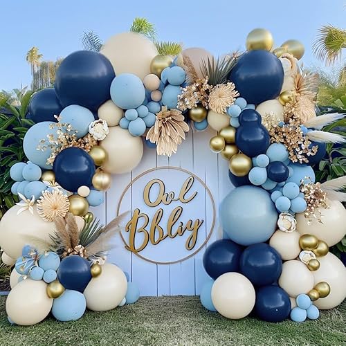Kit de arco de guirnalda de globos azul marino con globos doble relleno de color azul polvoriento, dorado, blanco, arena, beige, crema, metálico, de