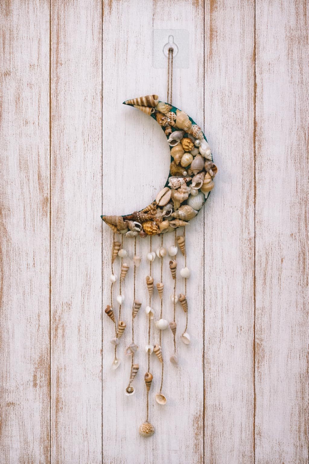 Seashell Crescent Moon Dream Catcher Wall Hanging, Boho Coastal Decor, 20x8 Inch-image-15