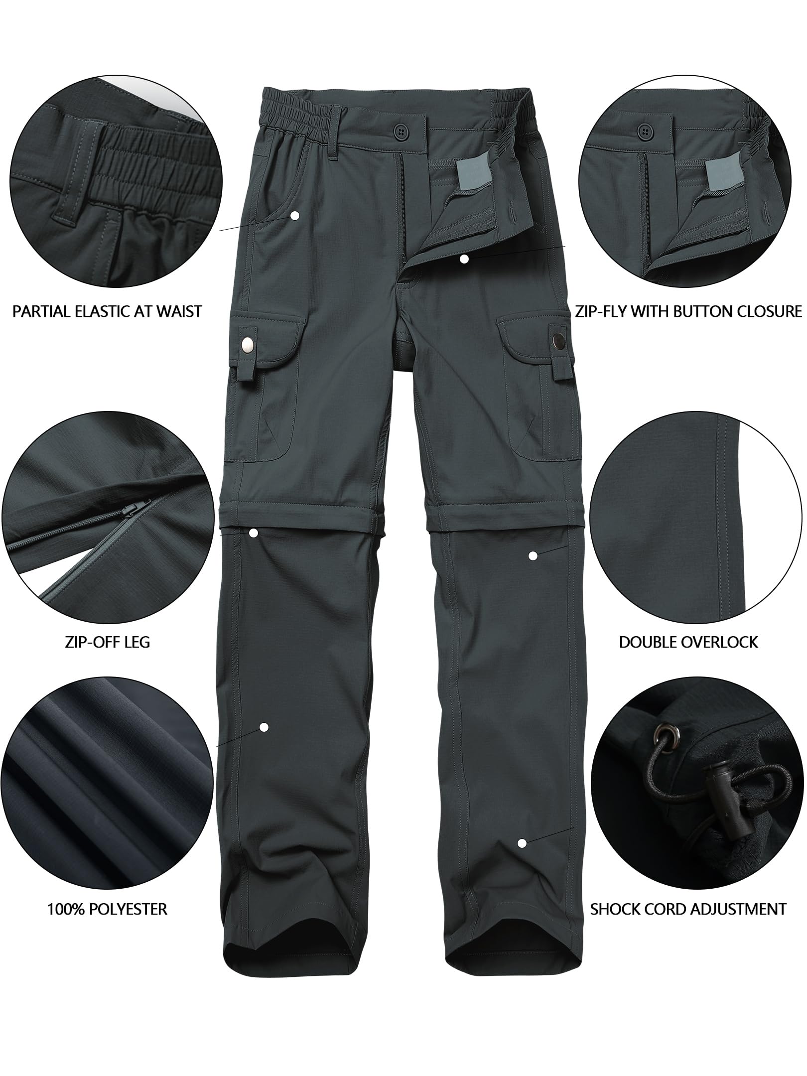 Kids' Cargo Pants, Boys Convertible Hiking Pants, Boy Zip Off Outdoor Casual Pants Quick Dry Climbing Trousers for Youth (US, Alpha, Medium, Regular, Iron Grey)