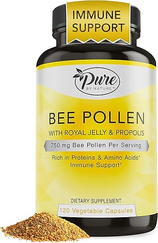 Pure By Nature Suplemento de polen de abeja con propóleo y jalea real para apoyo inmunológico, propiedades antioxidantes, 120 cápsulas vegetarianas
