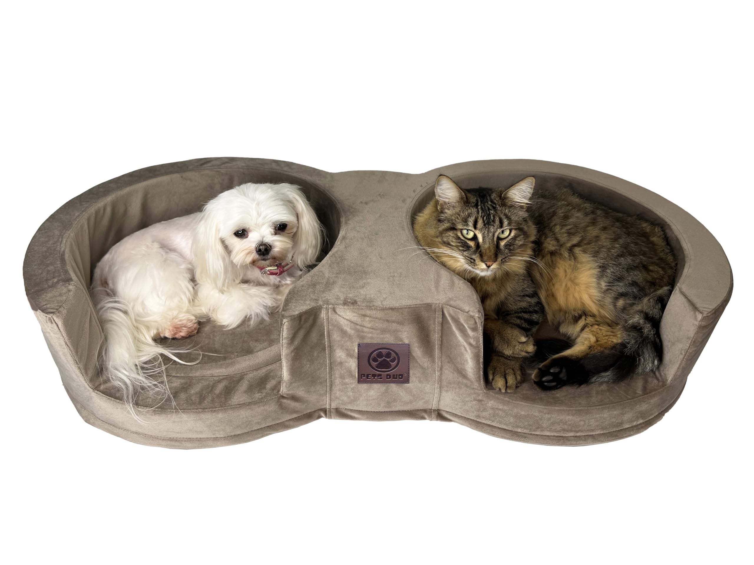 Pets Duo Cama doble para gatos y perros pequeños, cama de espuma viscoelástica para mascotas con funda de terciopelo lavable y duradera de lujo, cama de felpa antiansiedad para perros y gatos (café