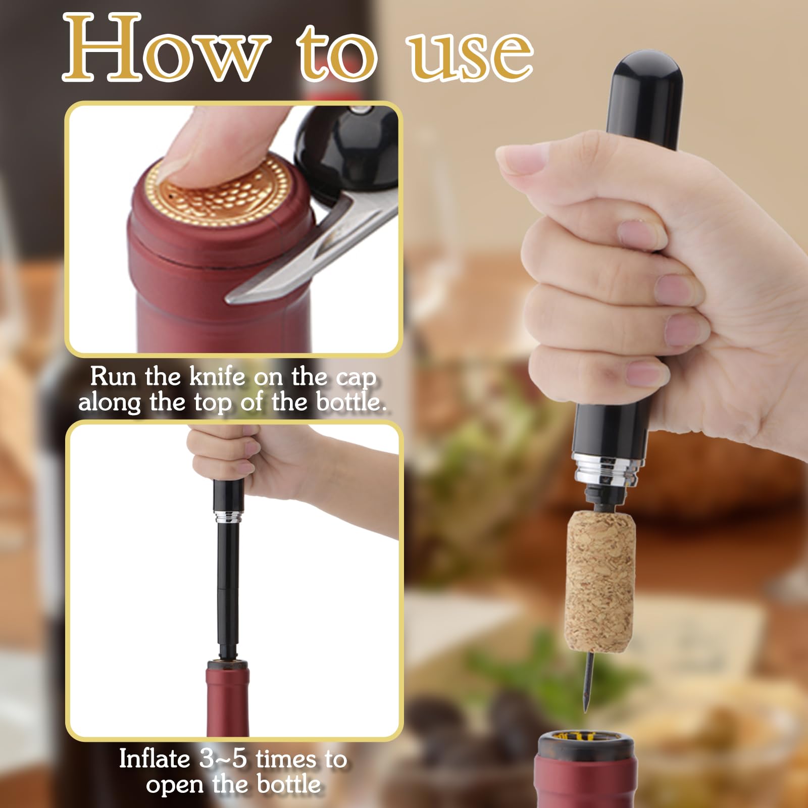 Abridor de vino Juego, Abrelatas de Vino de Presión de Aire con Cortador de Papel de Aluminio, Tapón de Silicona de Vacío y Vertedor de Vino, Amantes Del Vino Regalo Set