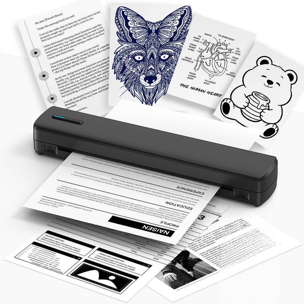 The D810 Portable A4 Thermal Printer 230 DPI, 1500mAh Battery for Long Battery Life, Compact and Portable, Suitable for Travel, Office and Home Use. Includes 20 Sheets of Thermal Paper