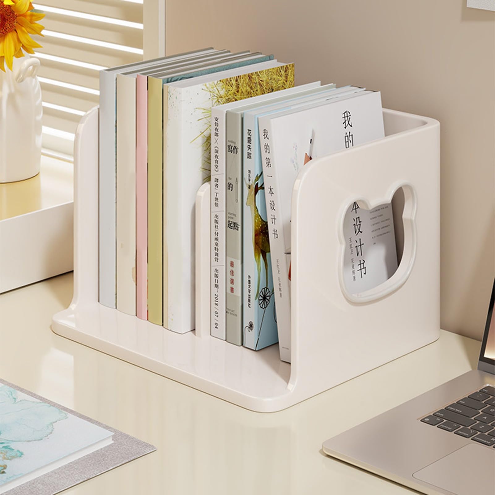 Simpatico fermalibri per scrivania – Mensola porta libri per bambini pastello con multi-scomparto, base anti-ribaltamento e design aperto, decorazione per libri di testo, quaderni e penne