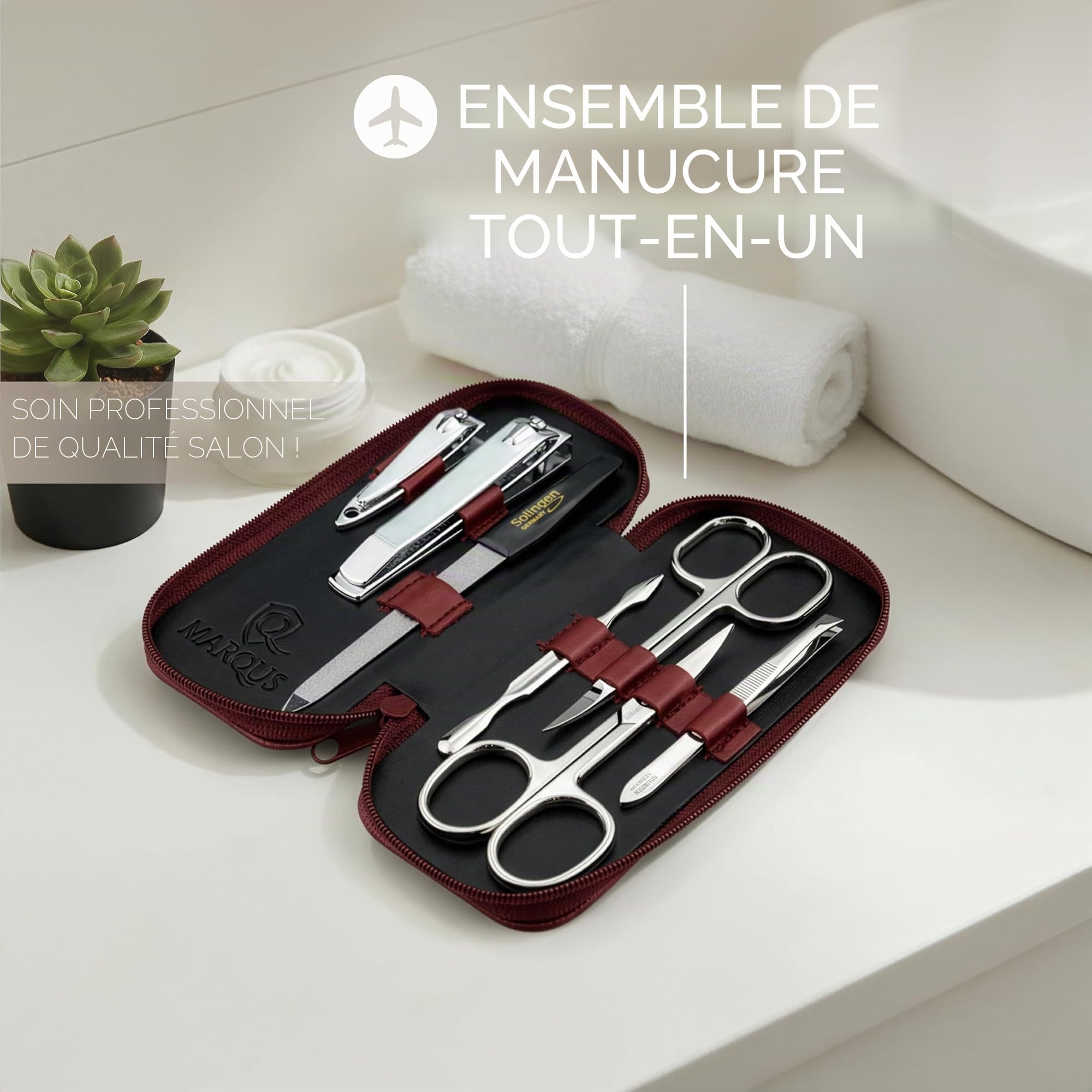 marQus kit manucure pédicure 7 pièces de Solingen - set de manucure professionnel en cuir complet, 2 coupe-ongles, lime à ongles Solingen, pince à épiler, 2 ciseaux, pousse-cuticule