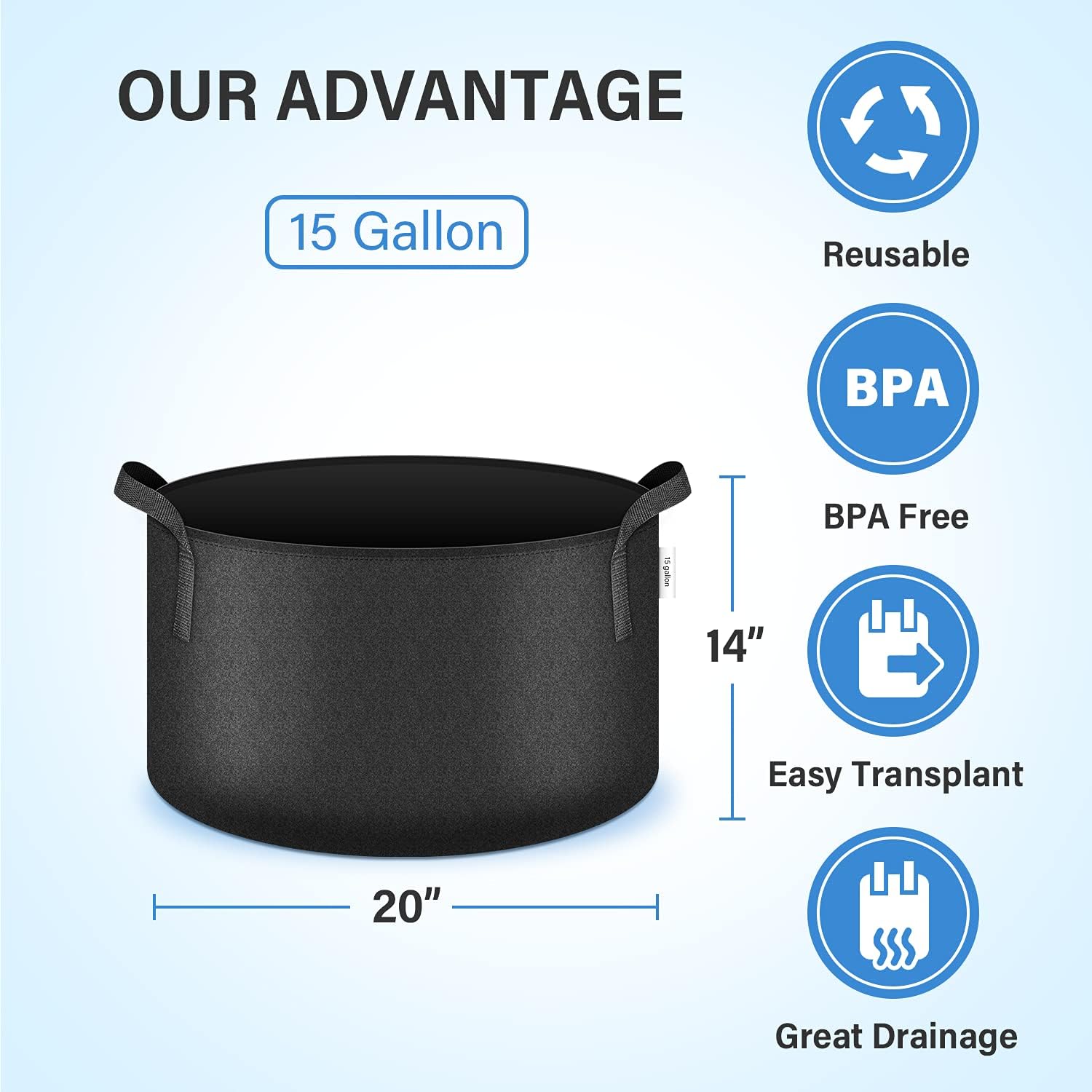 iPower Plant Grow Bags, 5-Pack 15 Gallon & 10 Gallon Thickened Nonwoven Pots with Strap Handles for Garden