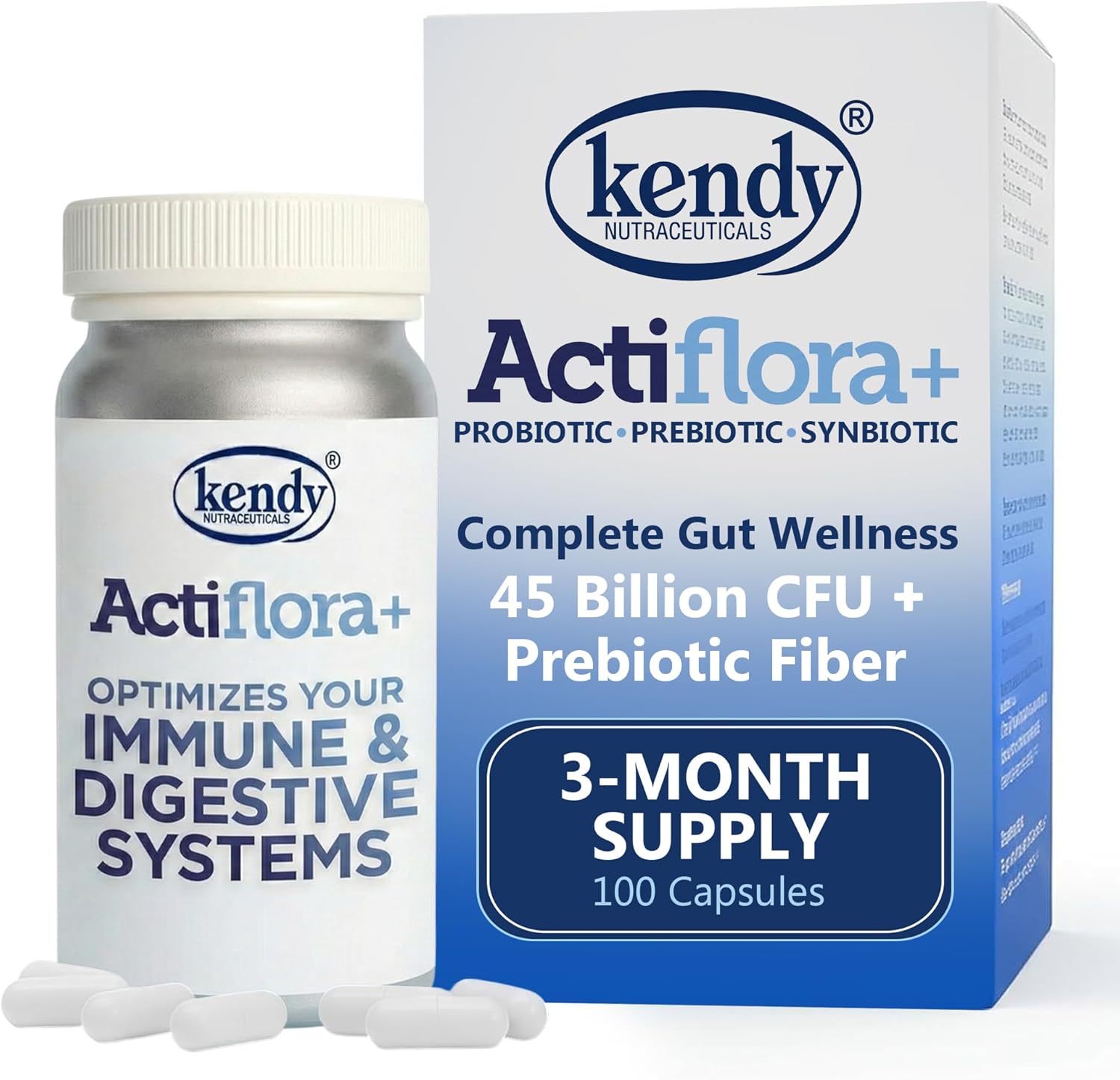 Kendy Actiflora Probiotic + Prebiotic & Synbiotic Capsules – Advanced Formula w/L. bulgaricus for Digestive Health & Gut Balance – 45-Billion CFU Daily Supplement – 100-Day Supply, 100-Caps (1-Pack)