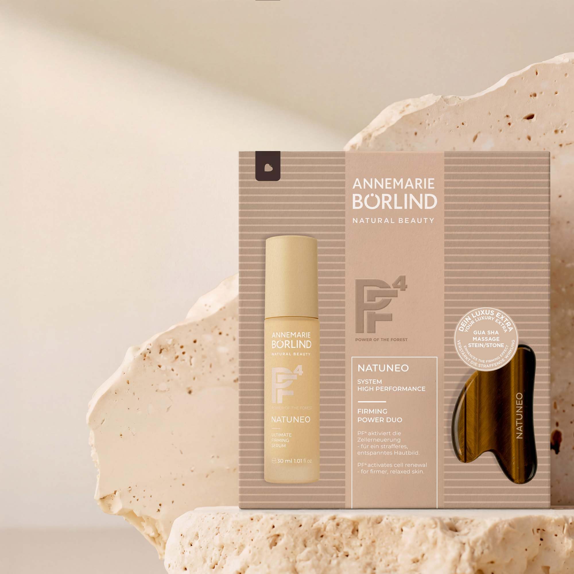 ANNEMARIE BÖRLIND NATUNEO Firming Power Duo Mit Serum 30ml + Gua Sha Stein | Anti-Aging Serum, Tigerauge Gua Sha, Pflegeset, Mildert Falten, Verlangsamt Hautalterung, Aktiviert Zellerneuerung