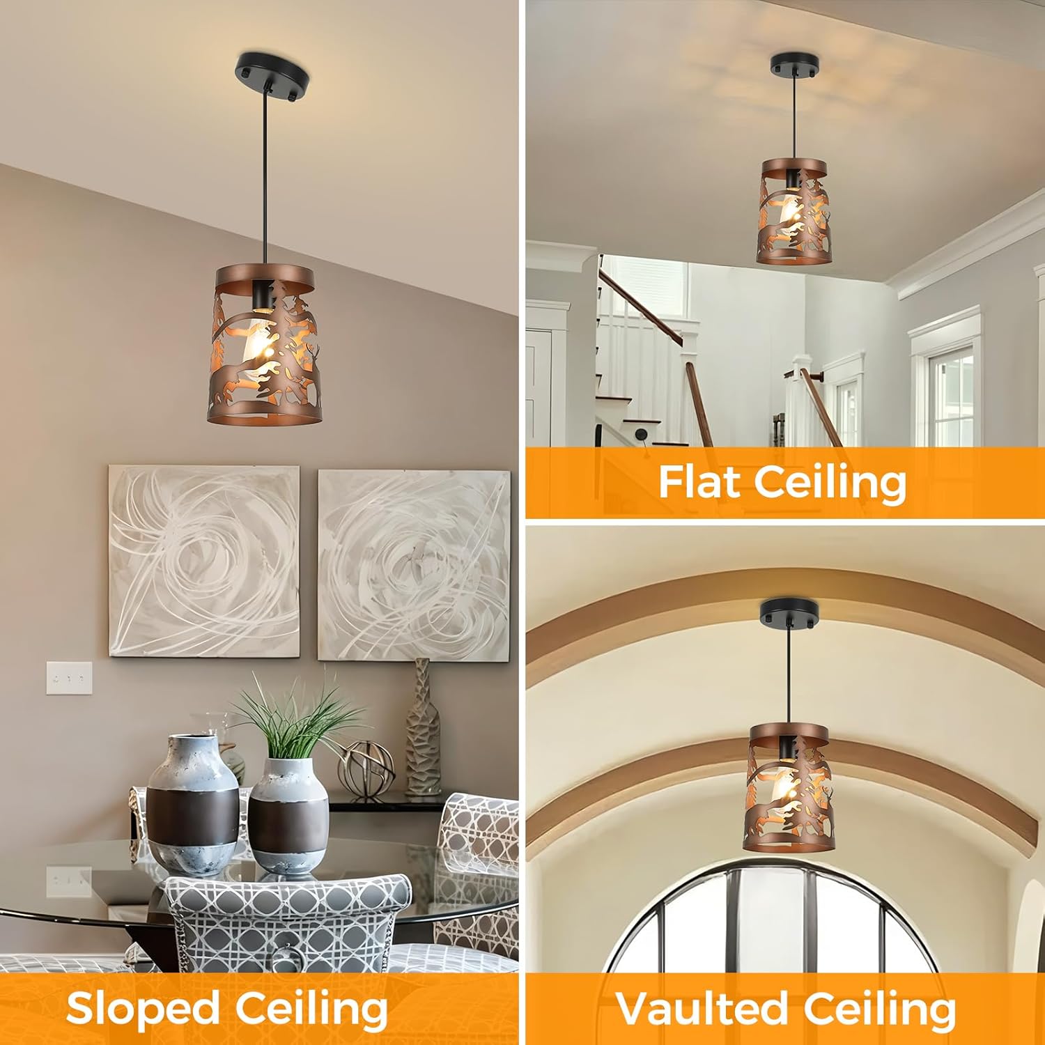 Rustic Bear Pendant Lights, 1-Light Brushed Bronze Round E26 Base Cage Metal Fixture Adjustable Hanging Height for Kitchen Island, Hallway, Dining Room,Foyer,Bedroom(No Bulb Included)