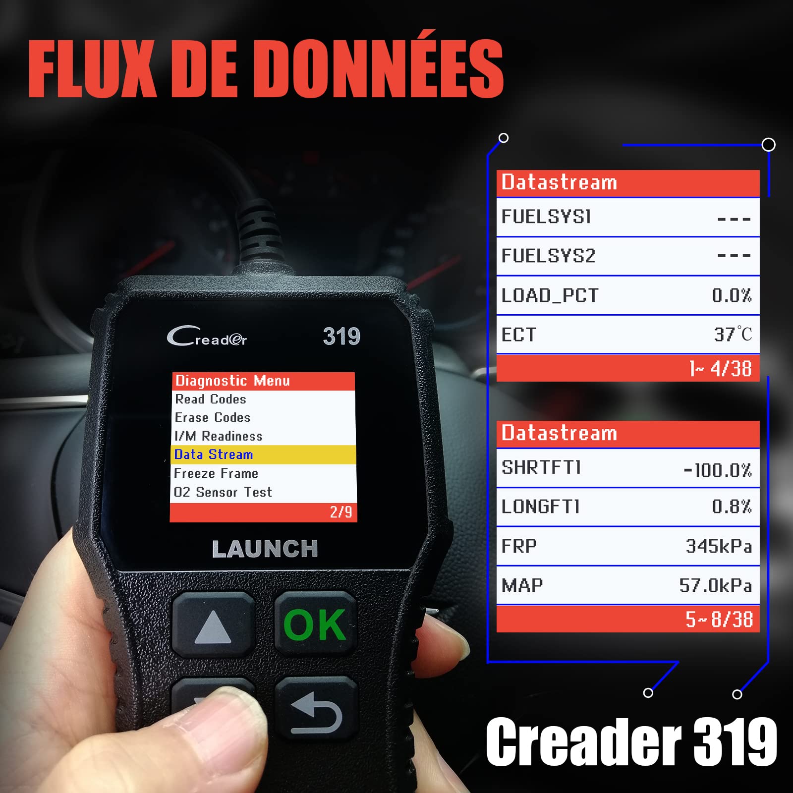 Launch CR319 OBD2 Lecteur de Code d’Erreur du Moteur avec Test d'EVAP / du Sonde O2, Outil de Diagnostic Auto avec Recherche DTC pour Effacer le Voyant MIL du Moteur