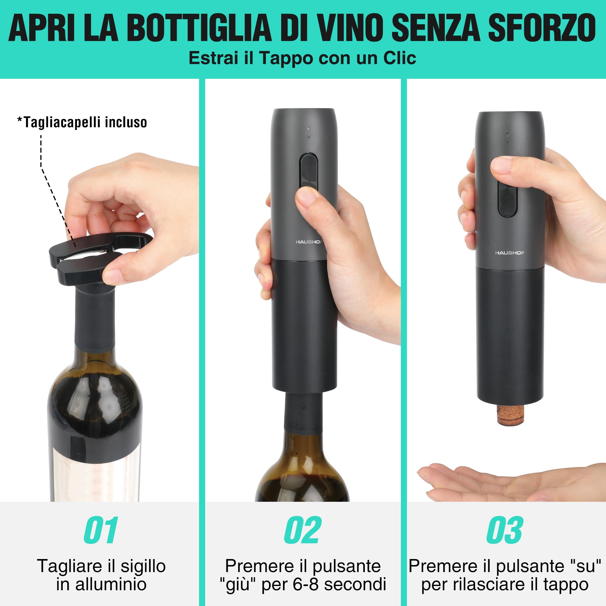 Cavatappi Elettrico In Acciaio E Plastica – Apri Bottiglie Automatico, Funziona Con 4 Batterie AA