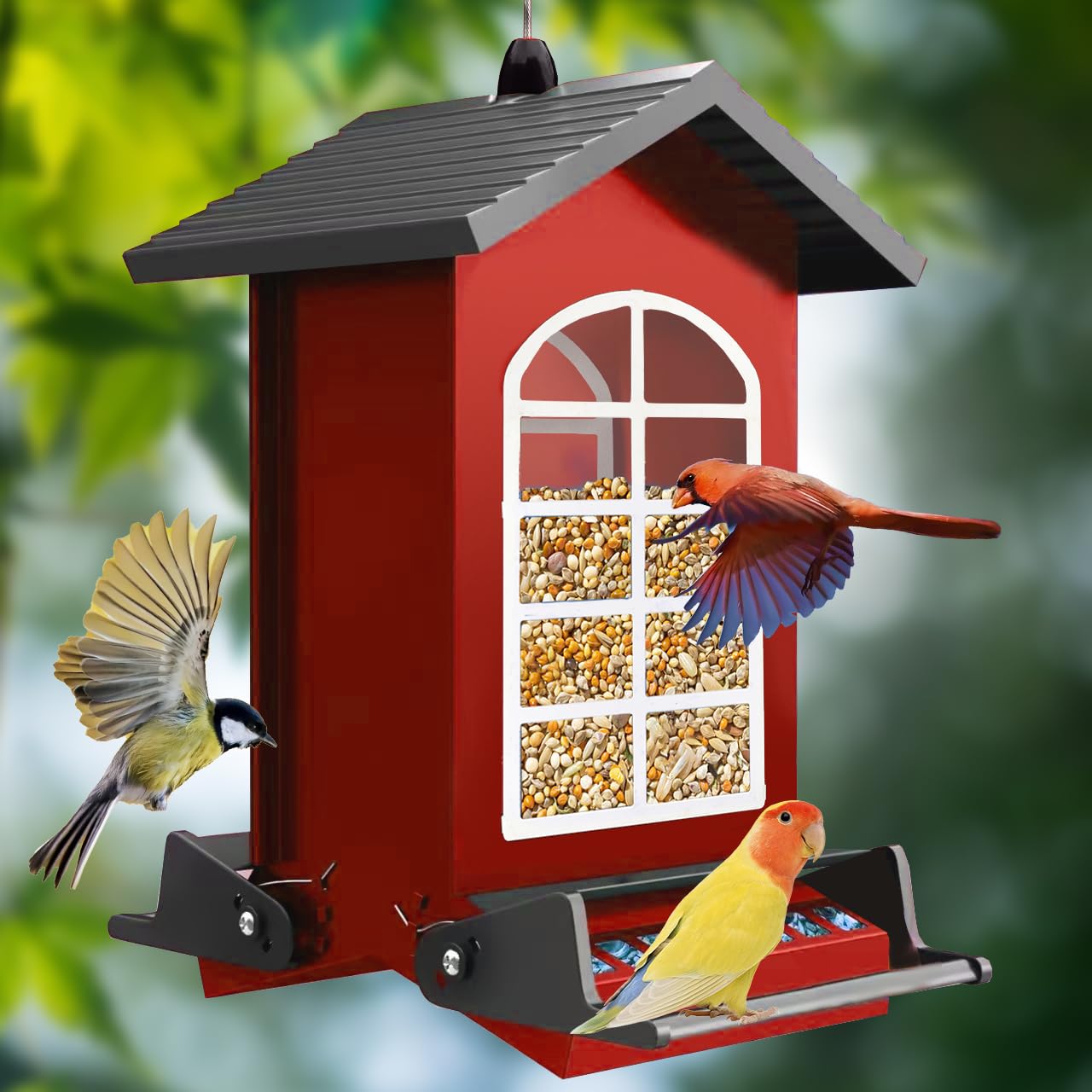 Comedero para pájaros a prueba de ardillas, colgante de metal para semillas de pájaros silvestres al aire libre, 5 libras con perchas bilaterales activadas por peso, comederos resistentes para pájaros