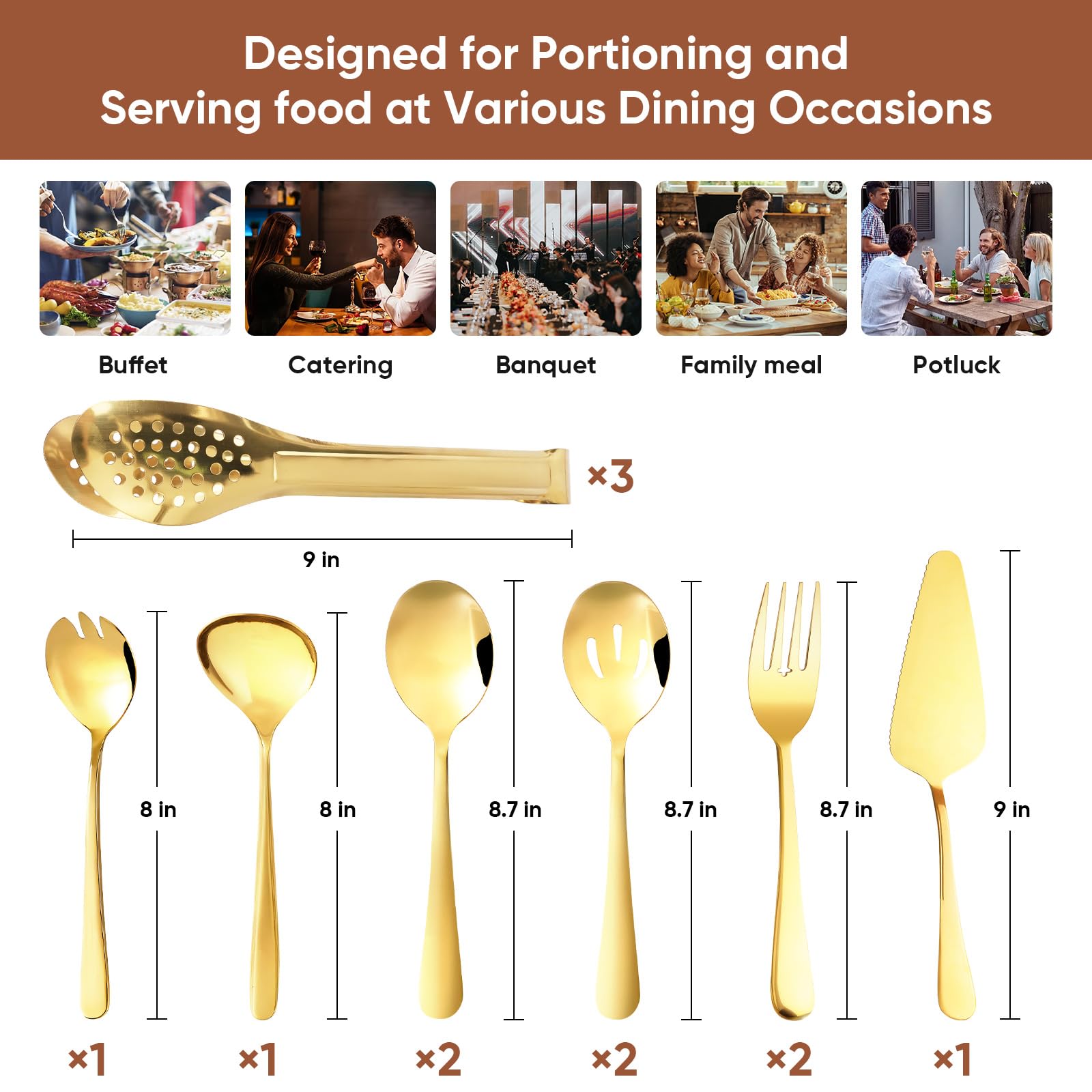 XEVOM Gold Serving Utensils Set, 12 Pack Polished Stainless Steel, Includes Spoons, Forks, Tongs, Ladle, Cake Server (Gold)