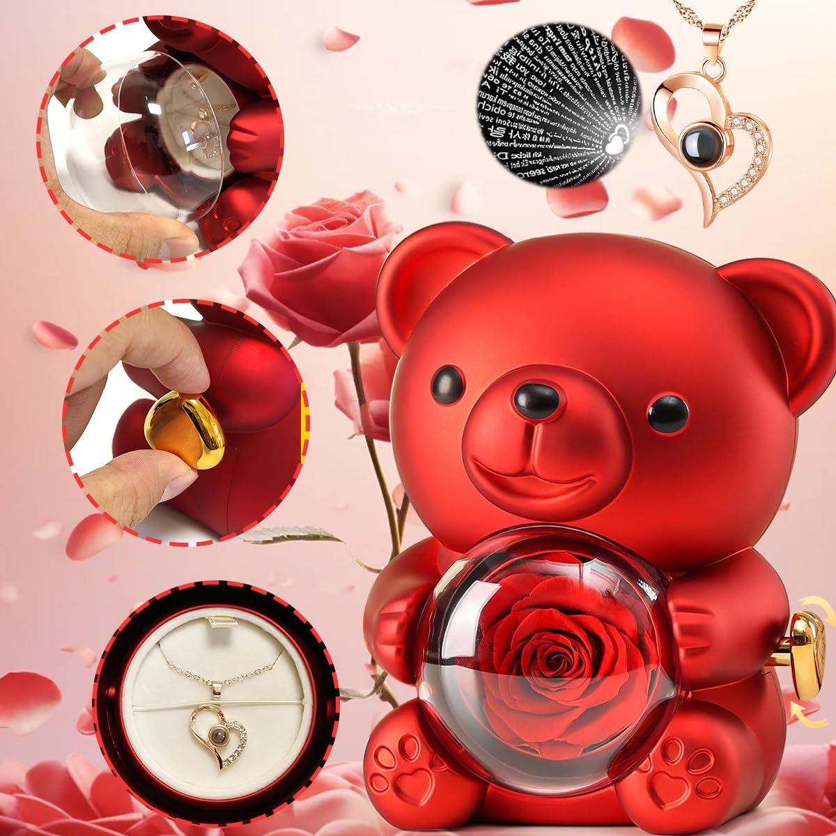 Oso con Rosa Eterna y Collar Te amo en 100 Idiomas, Caja de Regalo Romántica con Flor Preservada, Ideas de Regalo para Mujer, Mamá, Novia, Esposa en Navidad, San Valentín, Día de la Madre y Cumpleaños