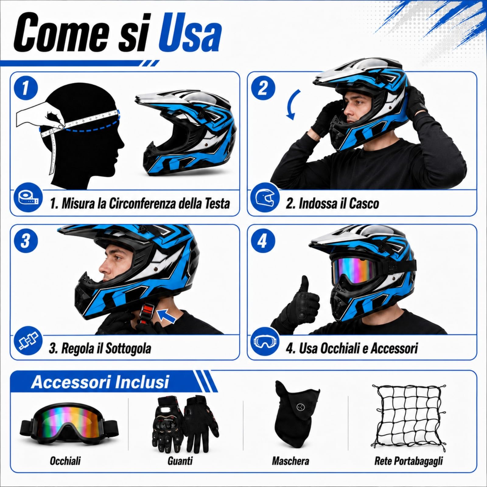 Casco Off Road Integrale bianco, nero e blu, Kit con 3 Accessori