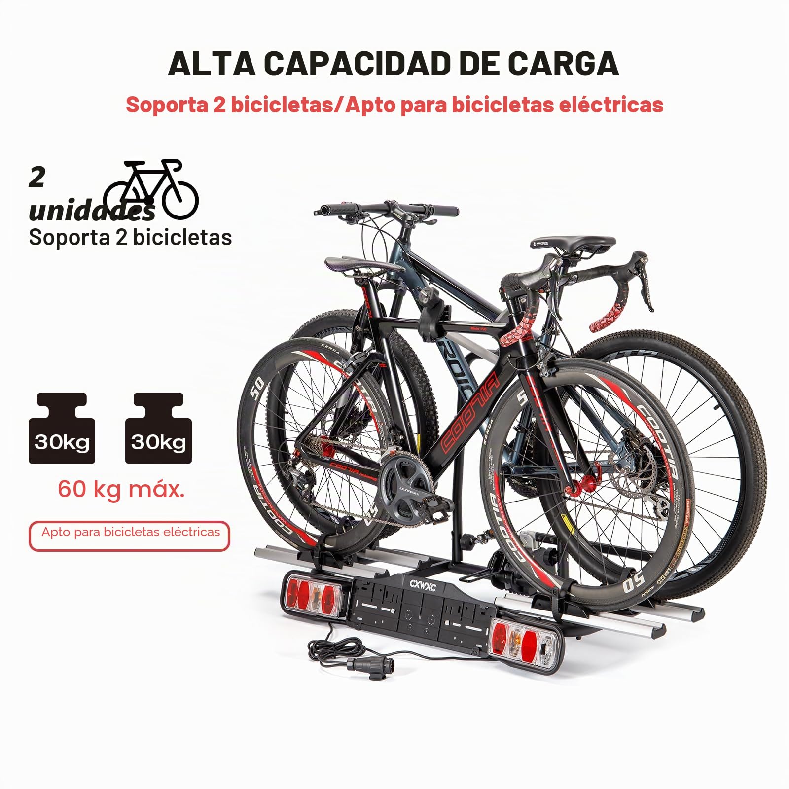 Portabicicletas para Enganche – Soporta e-Bikes y Bicicletas estándar (2 plazas), Cierre de apriete rápido, Sistema 13/7 Polos, Universal, aerodinámico, 60 kg de Carga máxima
