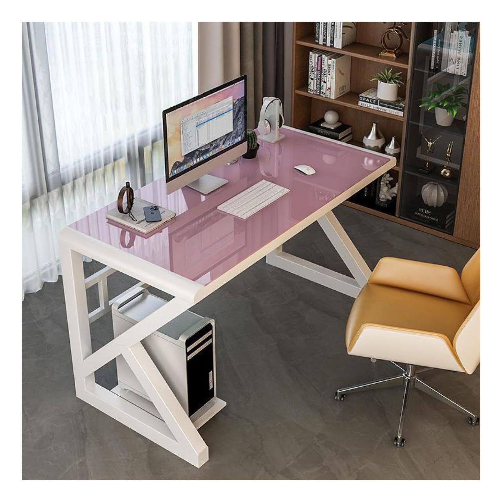 Wdsopk Pink+White Computer Desk Home Office Desk Tempered Glass Computer Desk, Modern Home Office Desk Gaming Desk Writing Study For Study Play Work Bedroom Home Office（-100Cm）