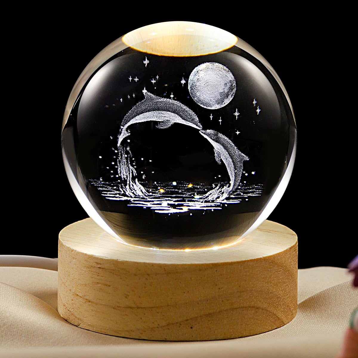 3D Dolphin Crystal Ball Lamp with Dimmable LED and Wooden Base, Night Light for Kids Teens Adults, Home Desk Office Bedroom Decor, Birthday Gift (2.4”/ 6cm)