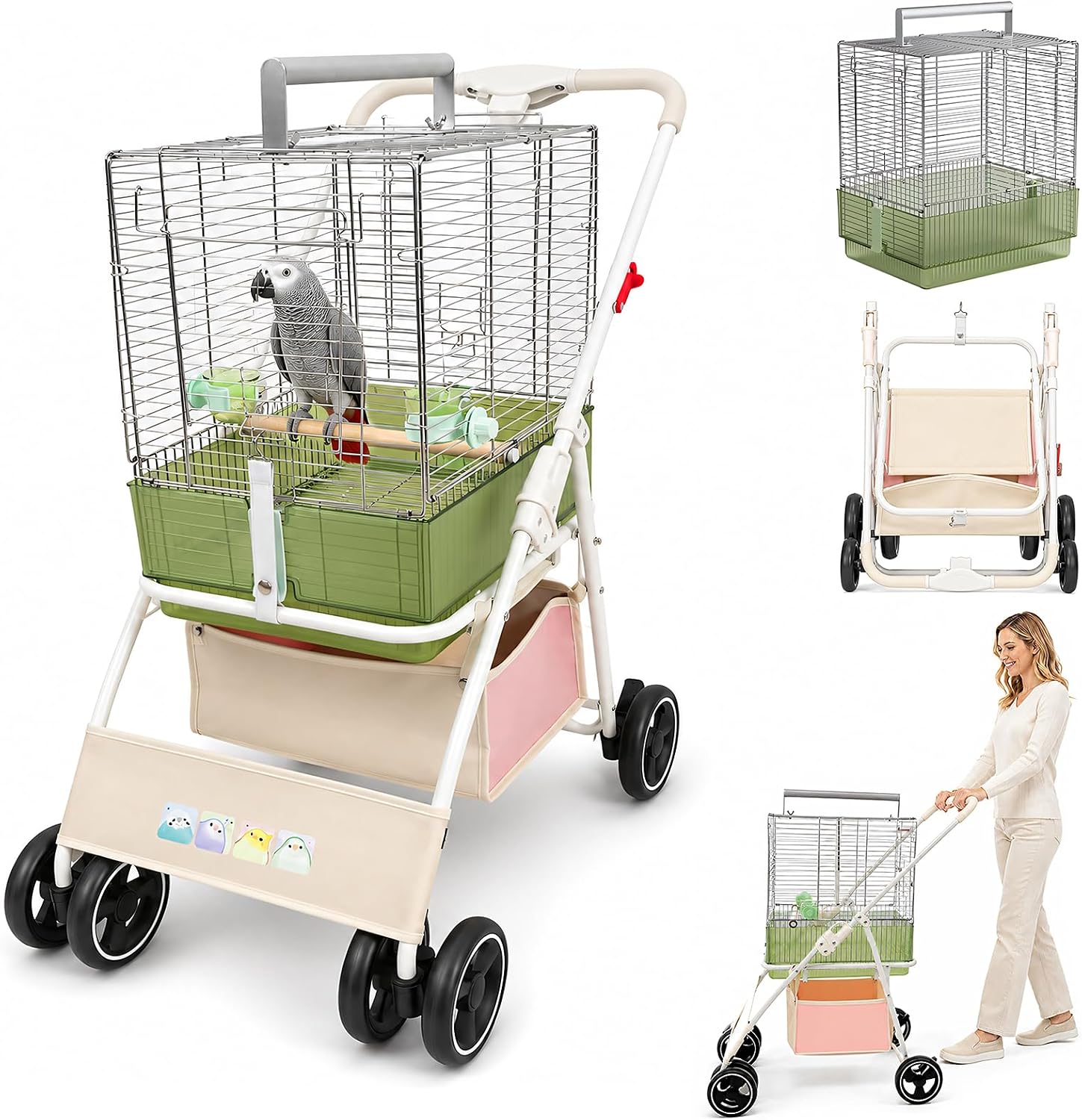 Bird Travel Cage Stroller, Foldable Parrot Carrier with Detachable Professional Bird Cage and Bottom Storage Basket for Budgies, Cockatiels, Conures, African Greys and Small Pets (Green)