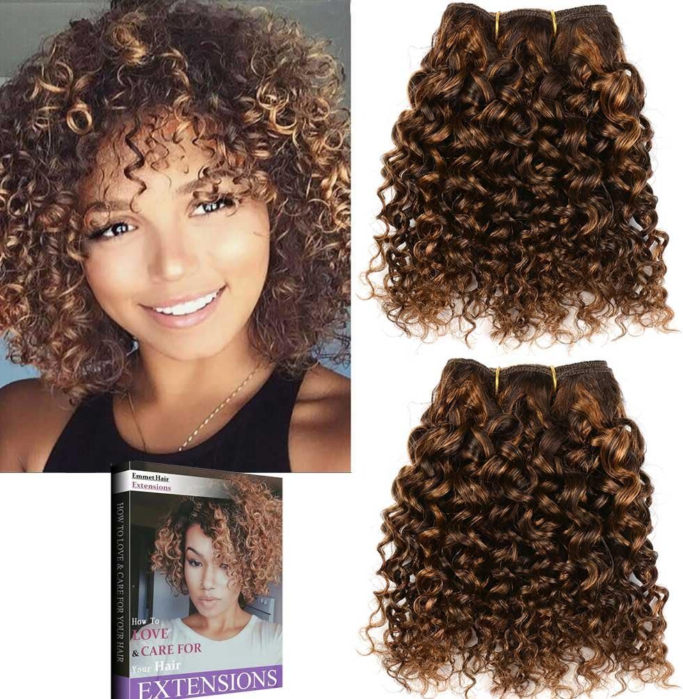 Emmet Short Curly Hair Extension 8Inch Easy Installing & Sewing Ombre Colors Brazilian Human Hair Can be Dyed and Permed Afro Kinky Weave 2 Bundles/lot 50g/Bundle (Piano Color 4#/30#)