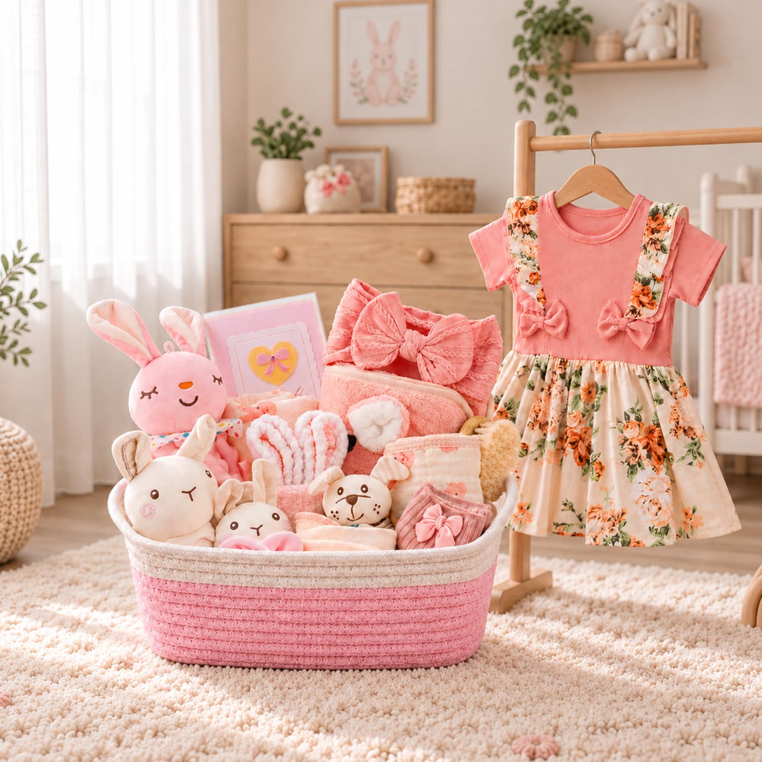 Baby Girl Gifts, 23-Piece Baby Girl Gift Basket, Baby Girl Newborn Essentials, Baby Shower Gifts for Girls, Newborn Baby Gift Set with Diaper Caddy Organizer, Blankets, Bodysuits, Socks, New Mom Gifts