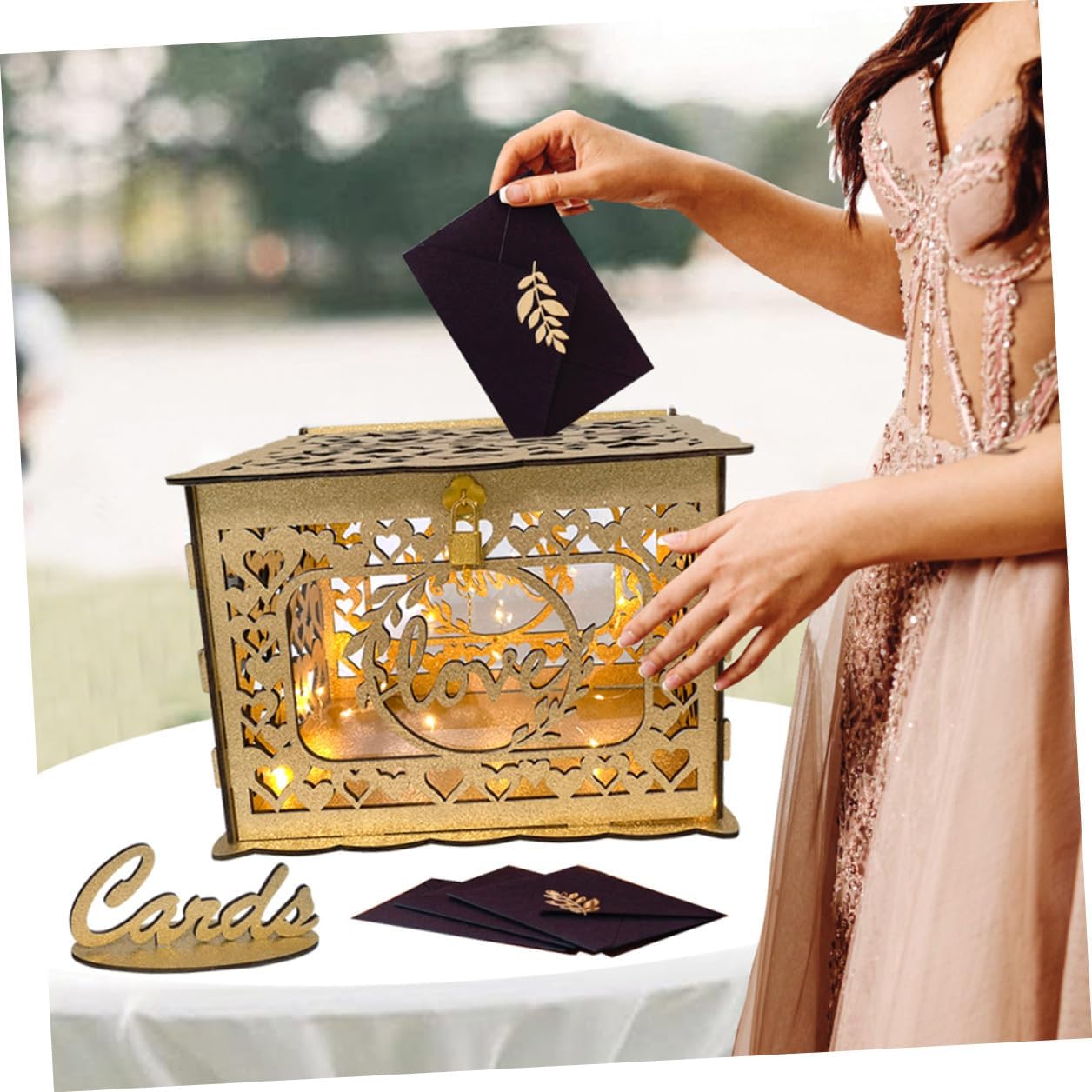 Wooden Hollow Wedding Card Box with Glitter for Birthday Anniversary Blessing Card Storage, Hollow Design Wood Envelope Holder for Event Party Decorations
