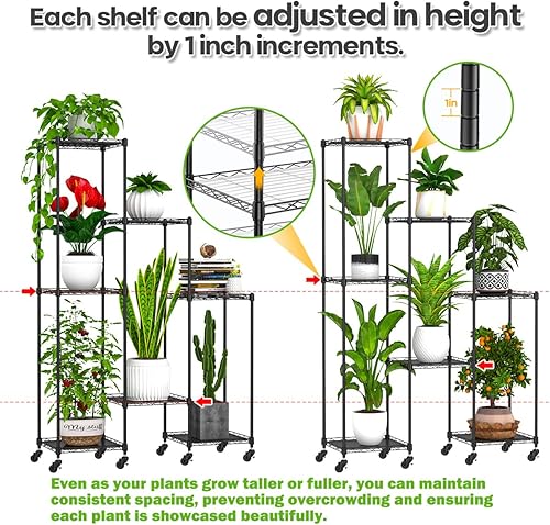 Miniatura 3 de Abimars Soporte de plantas de 1,50 m con ruedas, estante de metal ajustable en altura para 7 plantas en macetas, exhibidor de plantas para interior