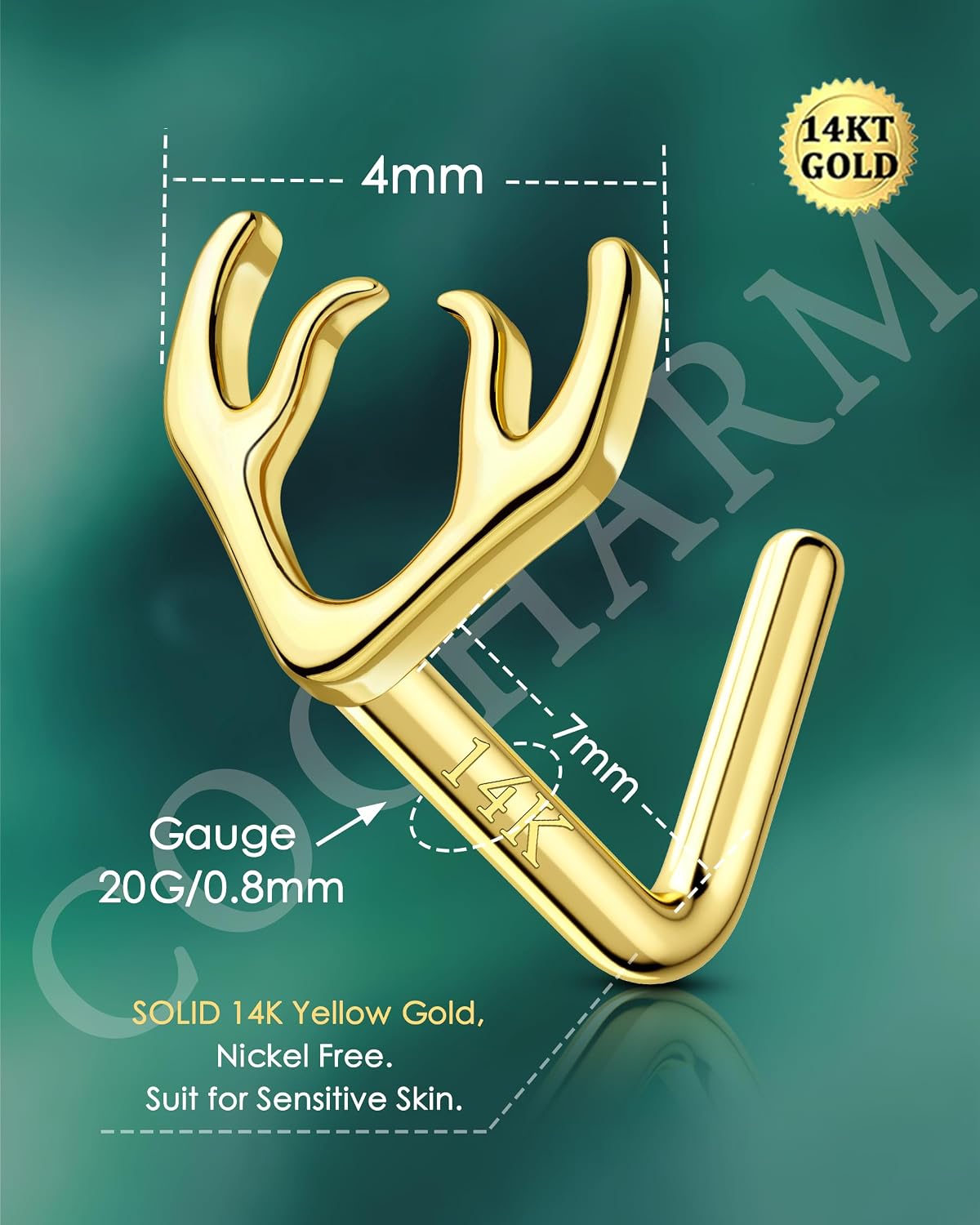COCHARM 14K Gold Nose Stud Deer Yellow Gold Nose Ring Stud 14K Cute L Bend Nose Jewelry for Women Men Christmas Antlers L Shape Nose Piercing 14kt Solid Gold Nose Stud 7mm Long Post