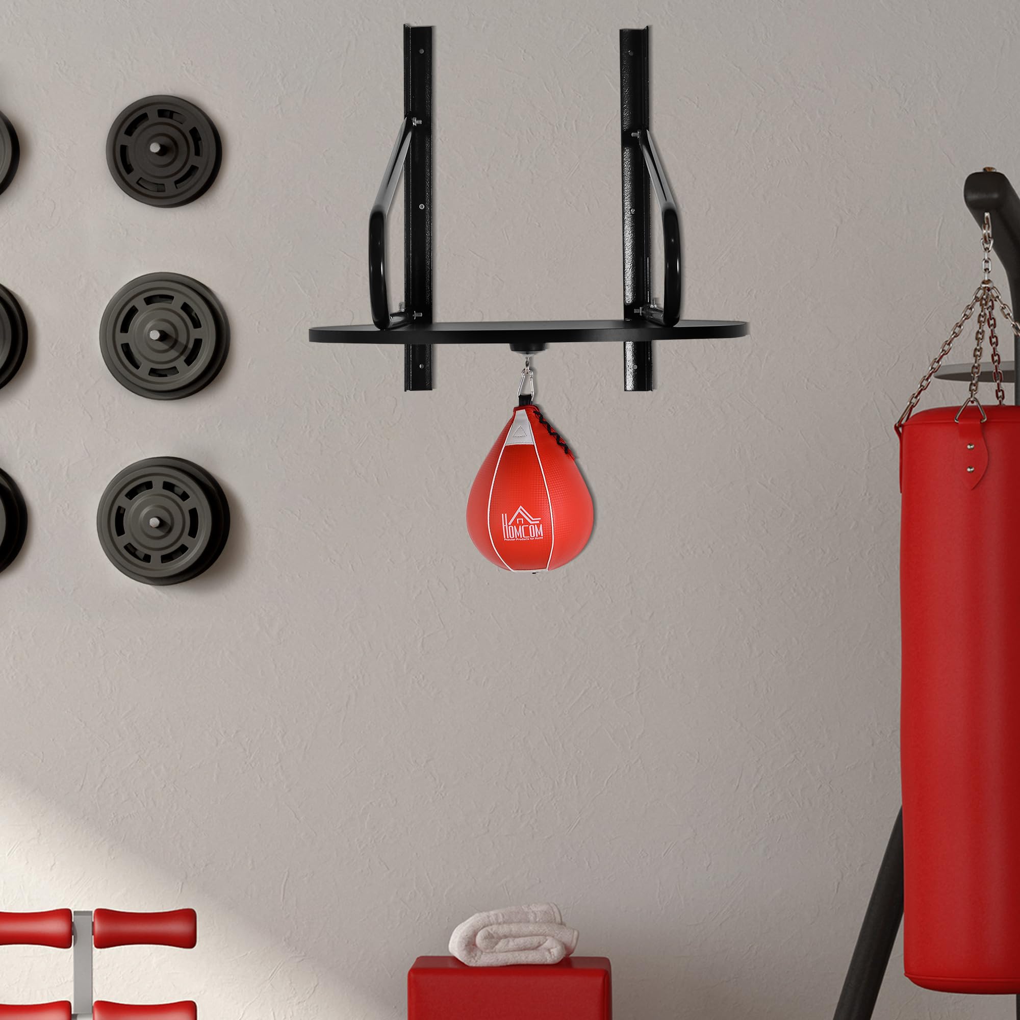 HOMCOM Pera de Boxeo con Soporte de Pared Punching Ball para Boxeo con Plataforma Ajustable en Altura Soporte Giratorio e Inflador 60x73x80 cm Rojo y Negro